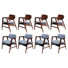Retro Set of 8 Mid-Century Modern Walnut & Gray Leather Dining Chairs by Gunlocke