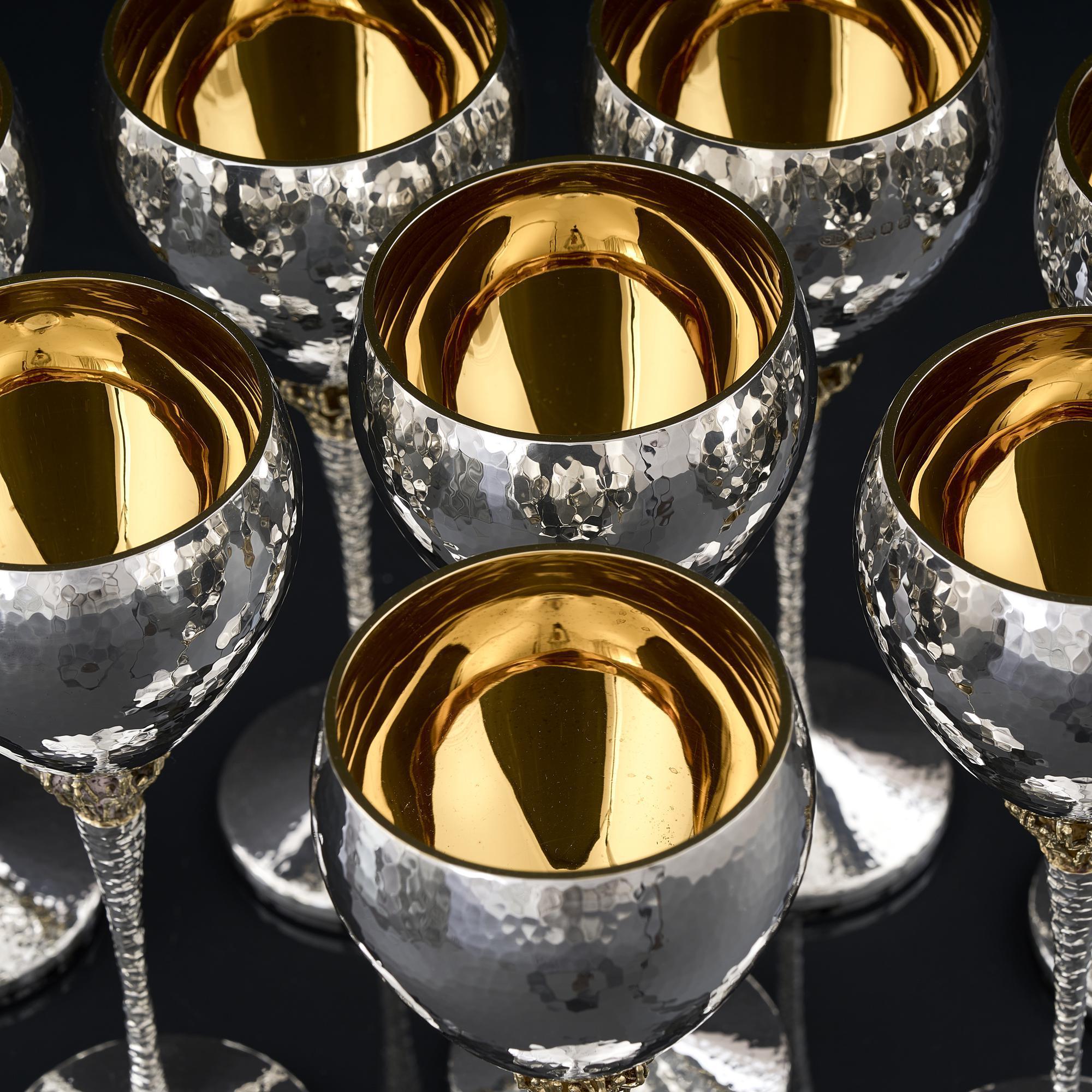 Mid-Century Modern Set of 8 mid-century silver & gilt wine goblets
