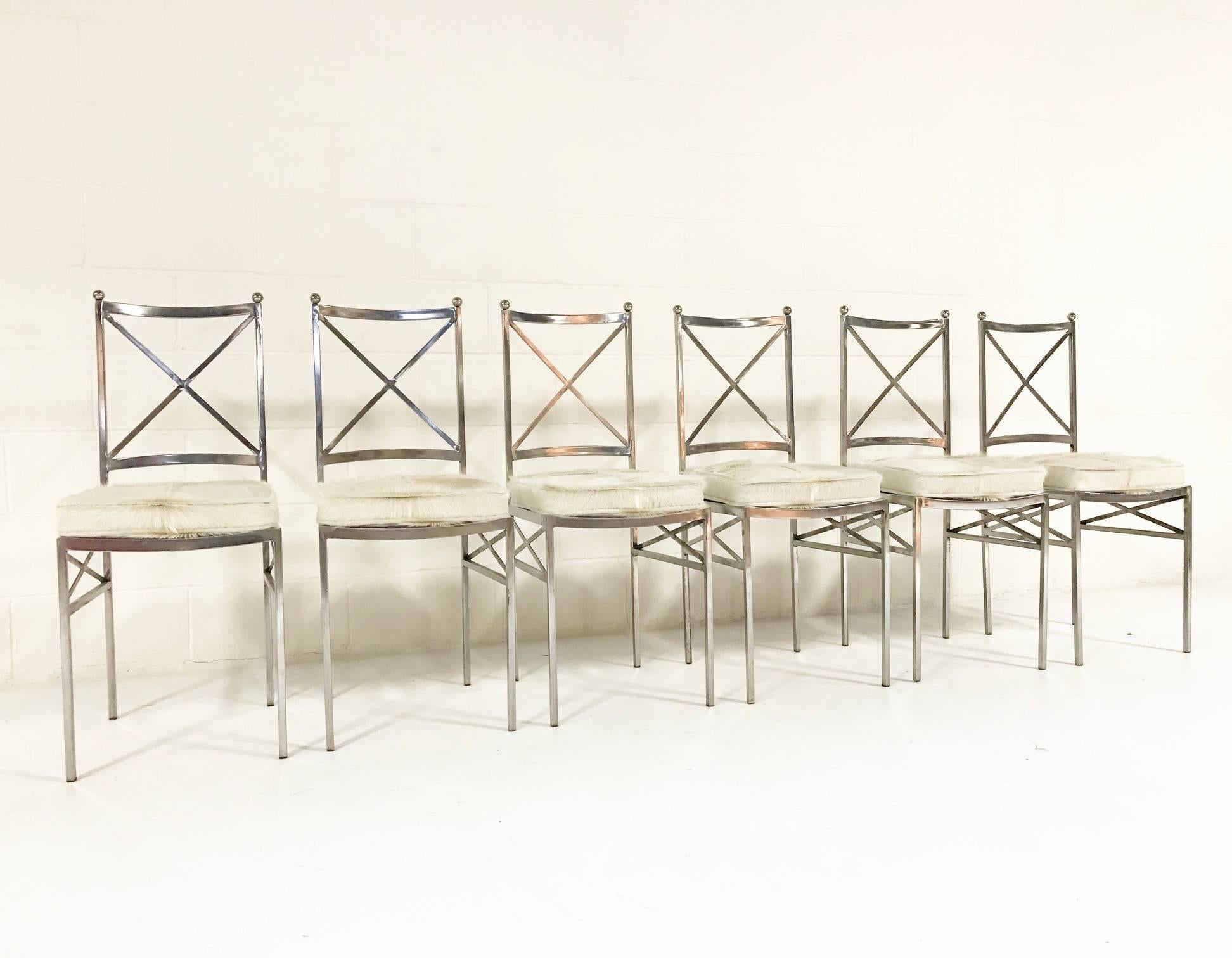 20th Century Set of 8 Midcentury Swedish Polished Steel Dining Chairs with Cowhide Cushions For Sale