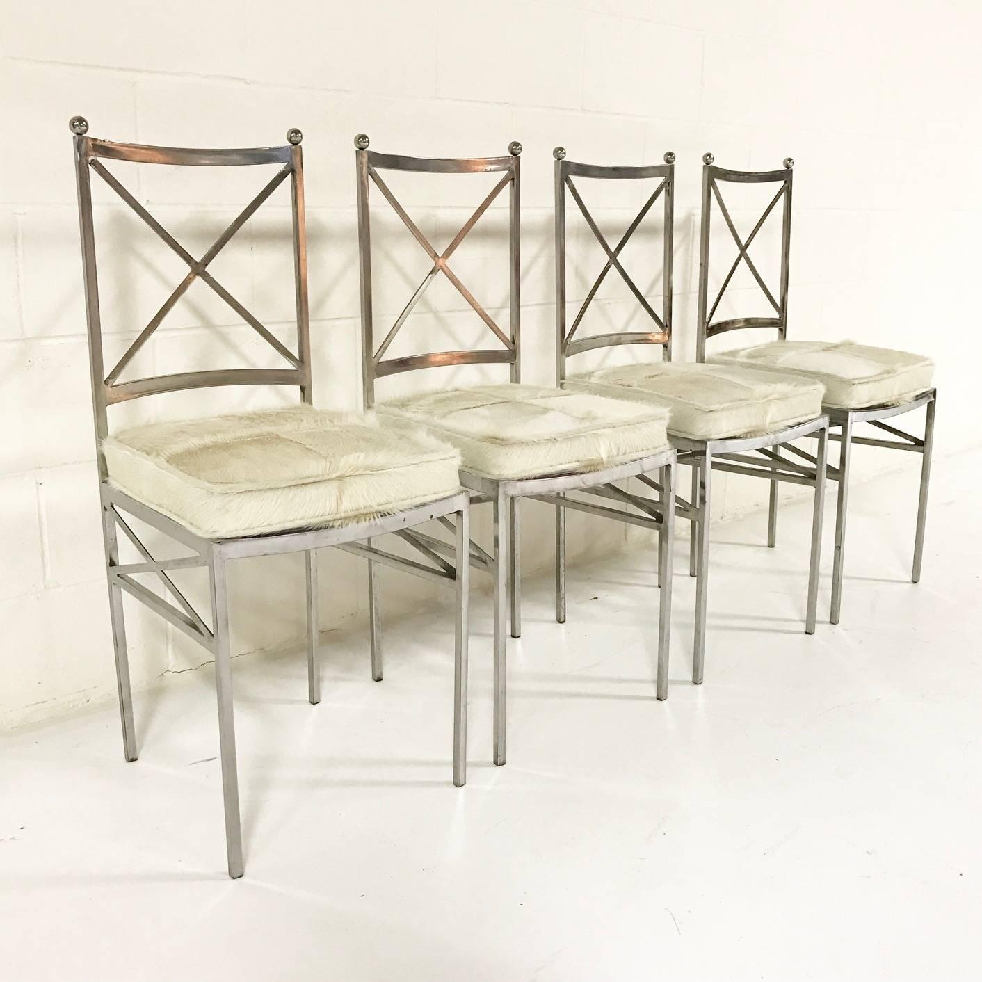 Set of 8 Midcentury Swedish Polished Steel Dining Chairs with Cowhide Cushions For Sale 1