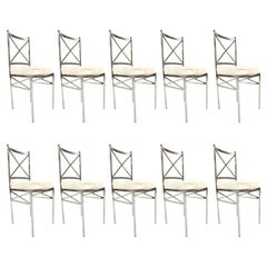 Set of 8 Midcentury Swedish Polished Steel Dining Chairs with Cowhide Cushions