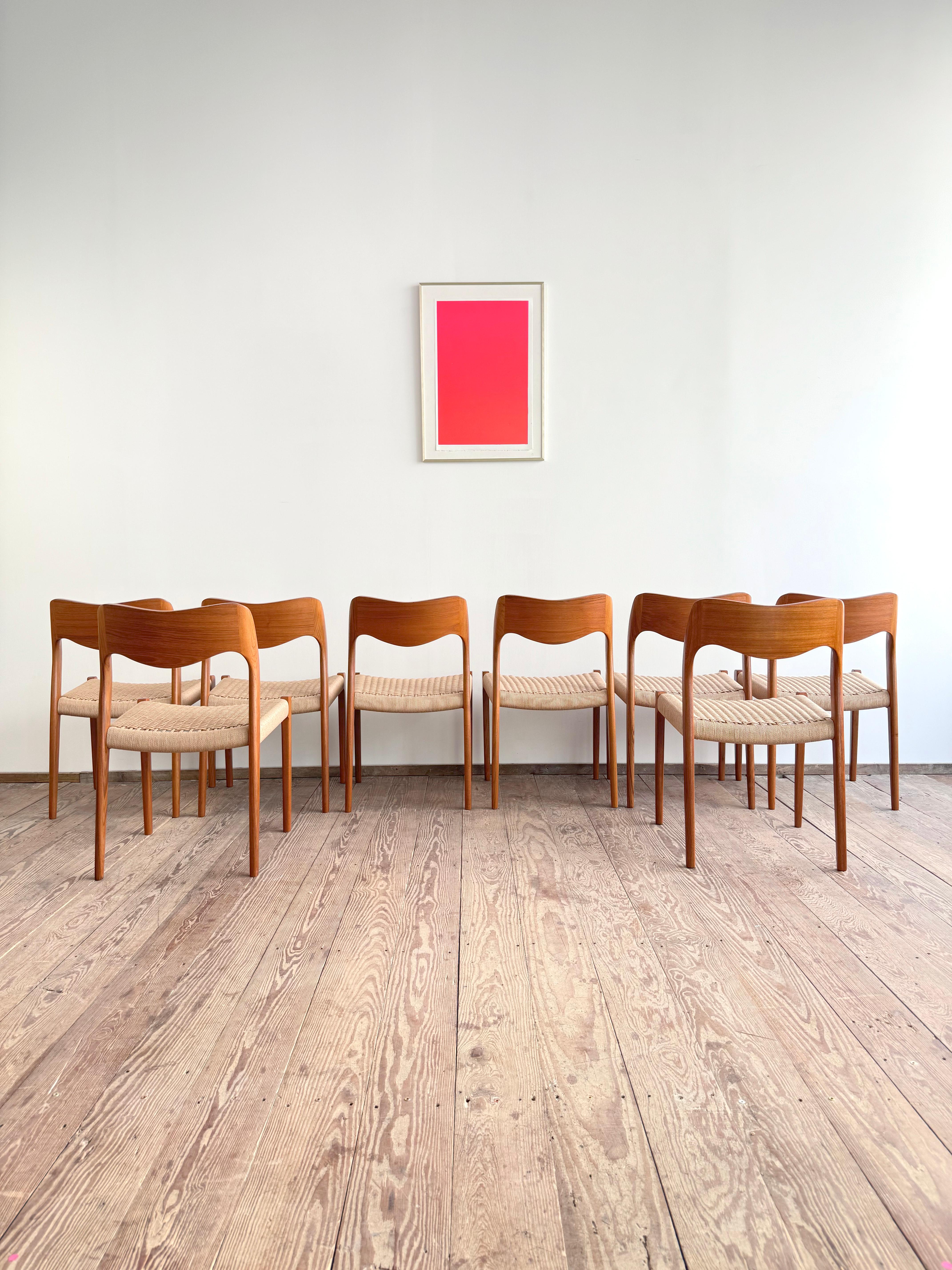 Hand-Carved Set of 8 Mid-Century Teak Dining Chairs #71 by Niels O. Møller for J. L. Moller