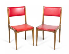Set of 8 Mid-Century Walnut and Red Vinyl Dining / Side Chairs
