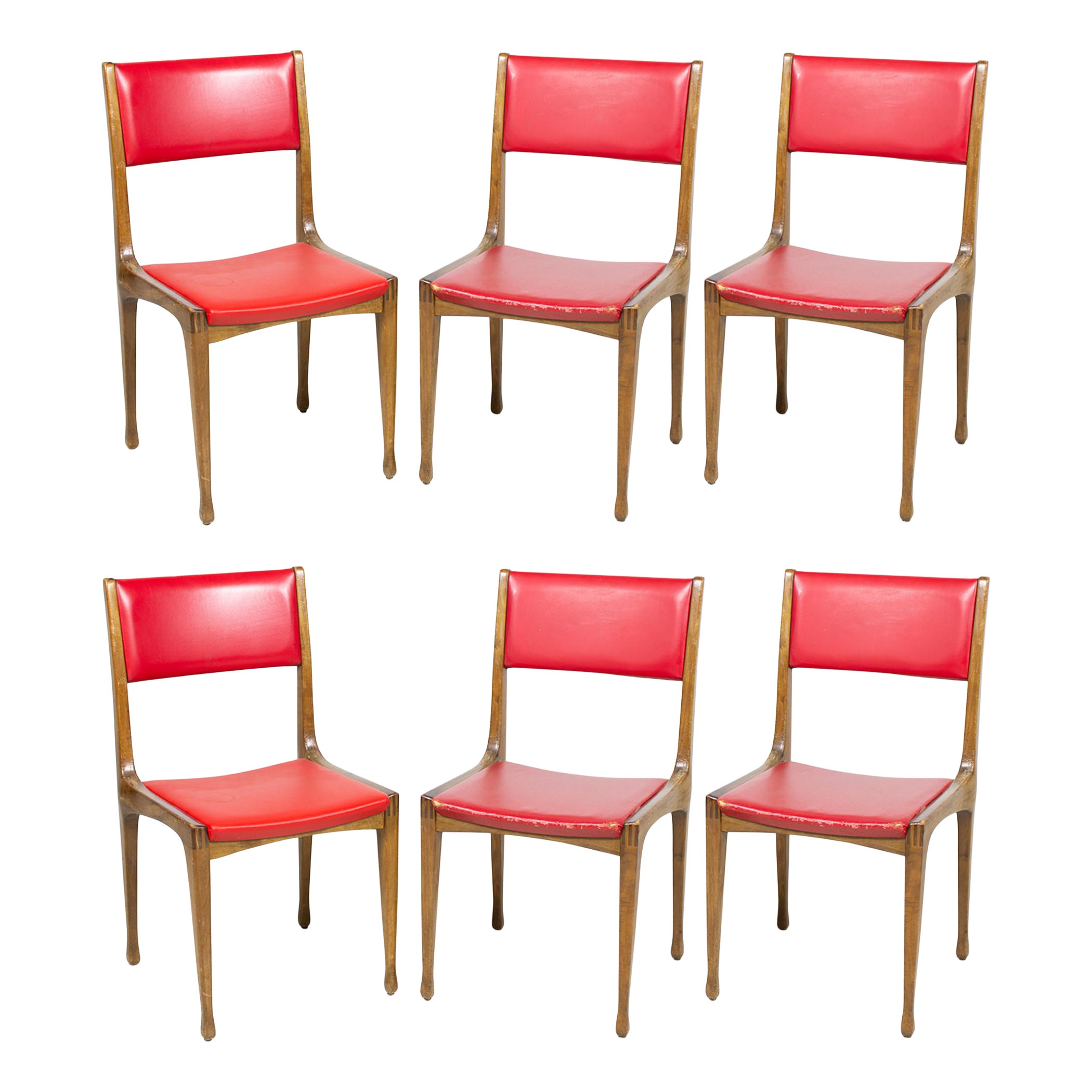 Set of 8 Mid-Century Walnut and Red Vinyl Dining / Side Chairs For Sale