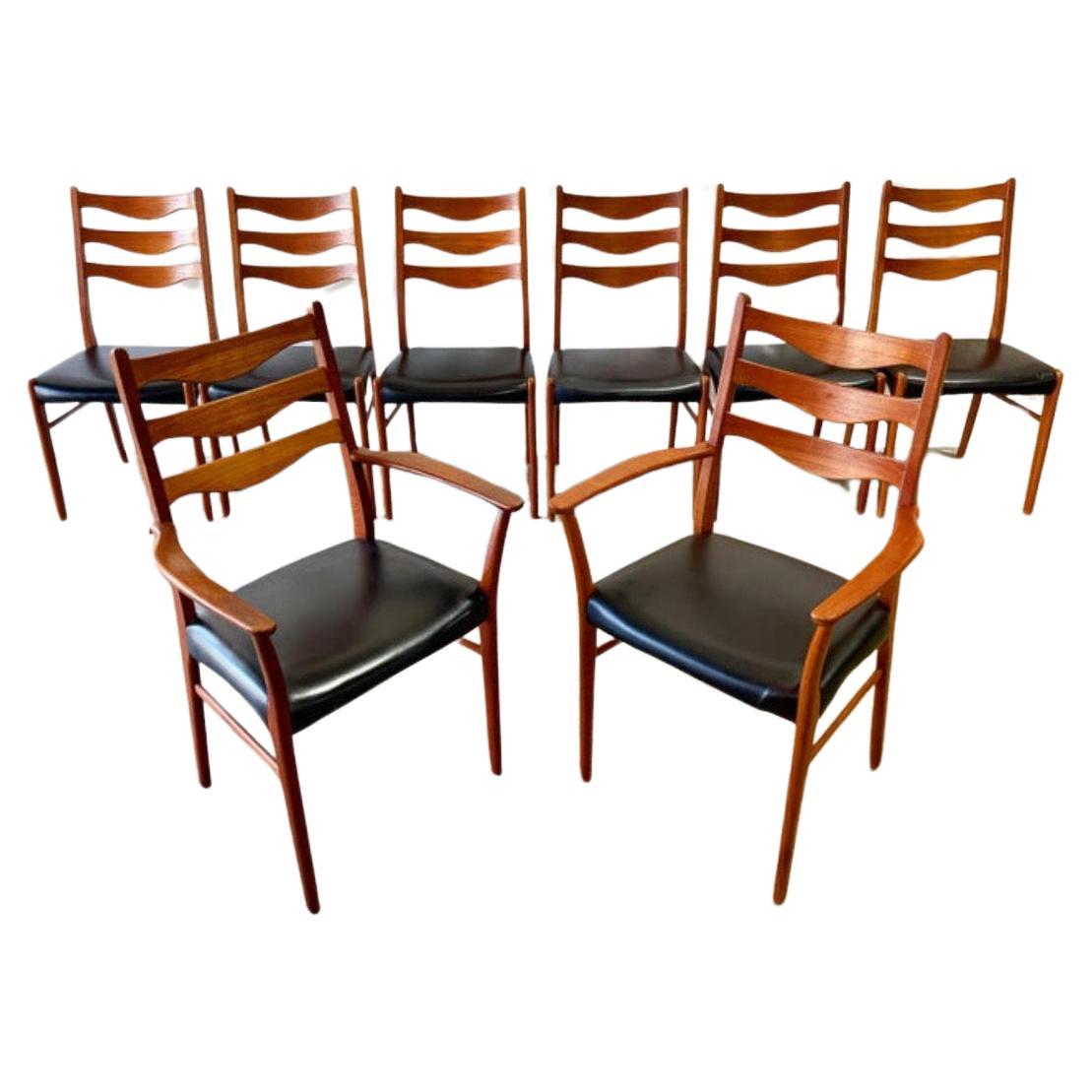  Set of 8, Midcentury Danish Modern by Arne Wahl Iversen Dining Chairs in Teak For Sale