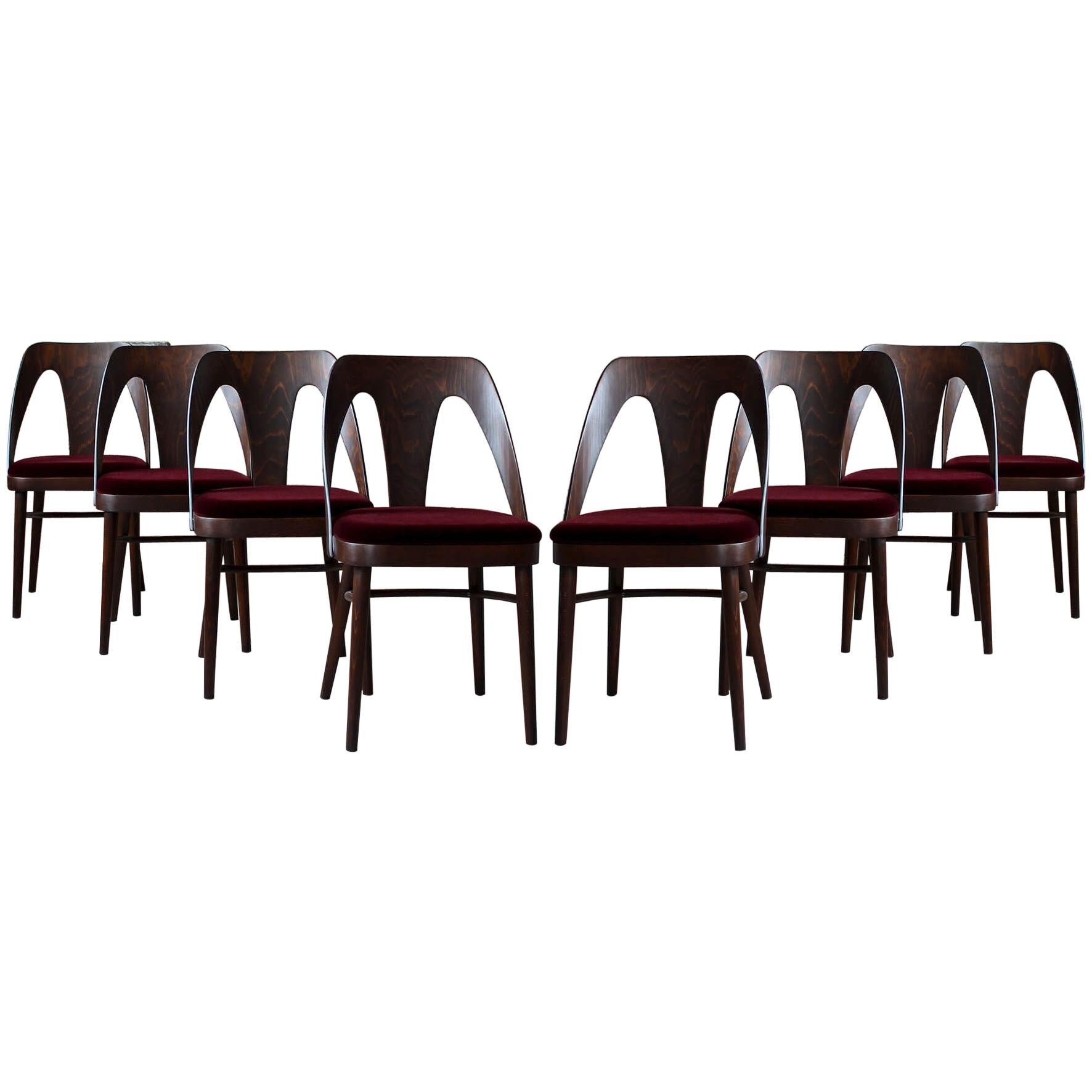 Set of 8 Midcentury Dining Chairs in Burgundy Mohair by Kvadrat