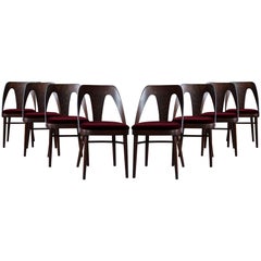 Vintage Set of 8 Midcentury Dining Chairs in Burgundy Mohair by Kvadrat