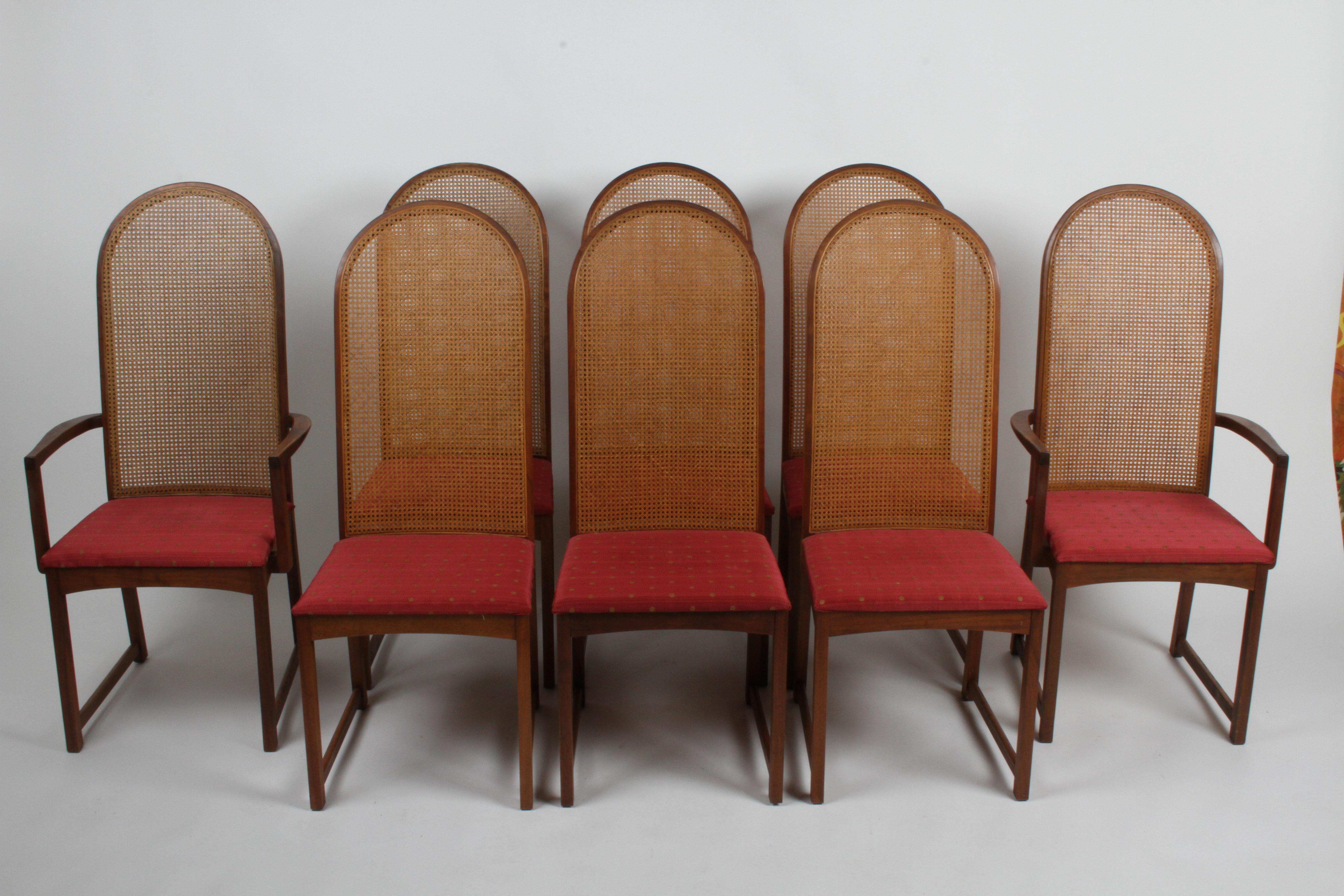 Nice all original set of 8 Mid-Century Modern walnut frame & caned high back dining chairs designed by Milo Baughman for Directional c.1960s. The set is in fine original condition, shows some wear / stains to wood. Upholstery should be updated, no