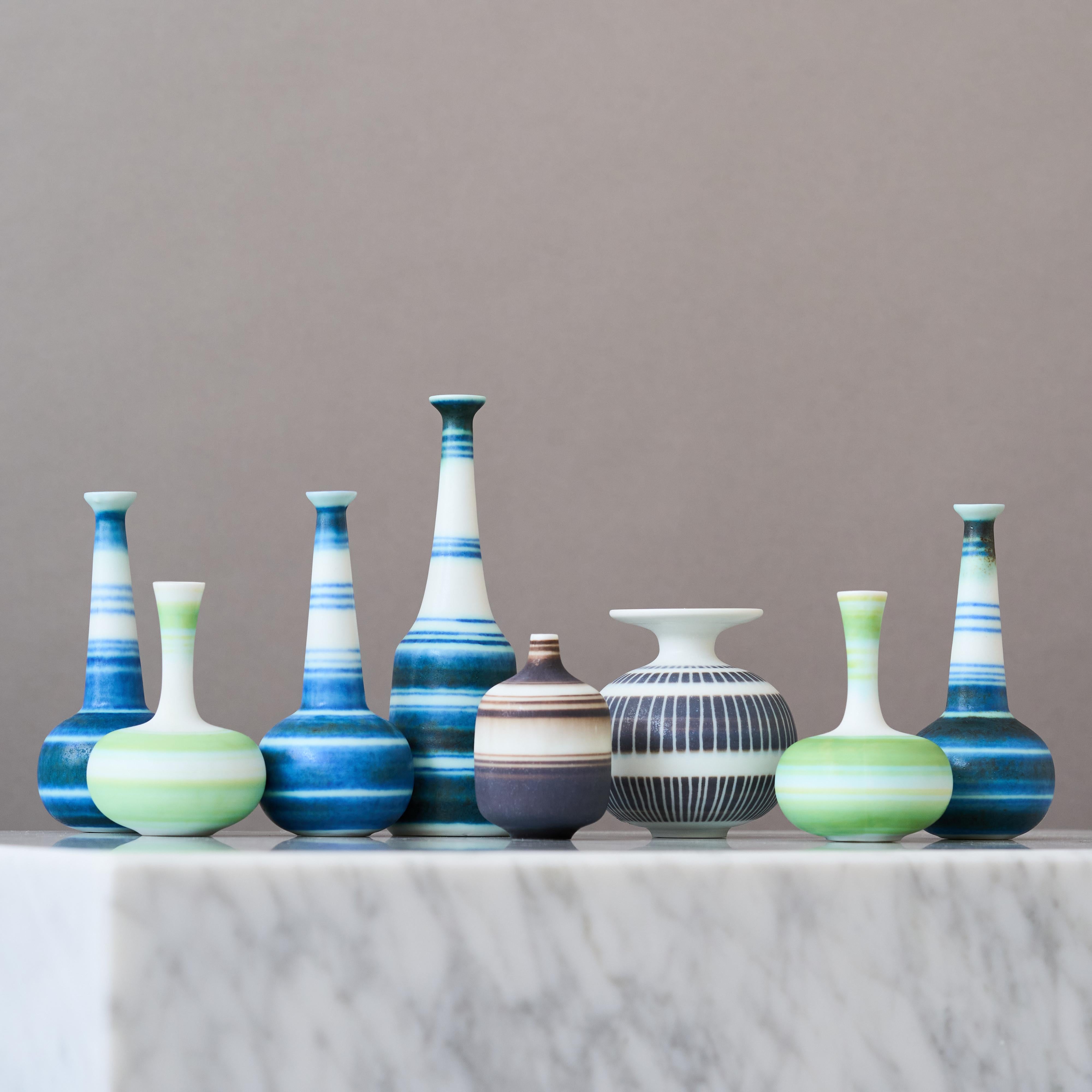 Scandinavian Modern Set of 8 Miniature Stoneware Vases by Gunnar Nylund. Rörstrand, Sweden, 1950s. For Sale