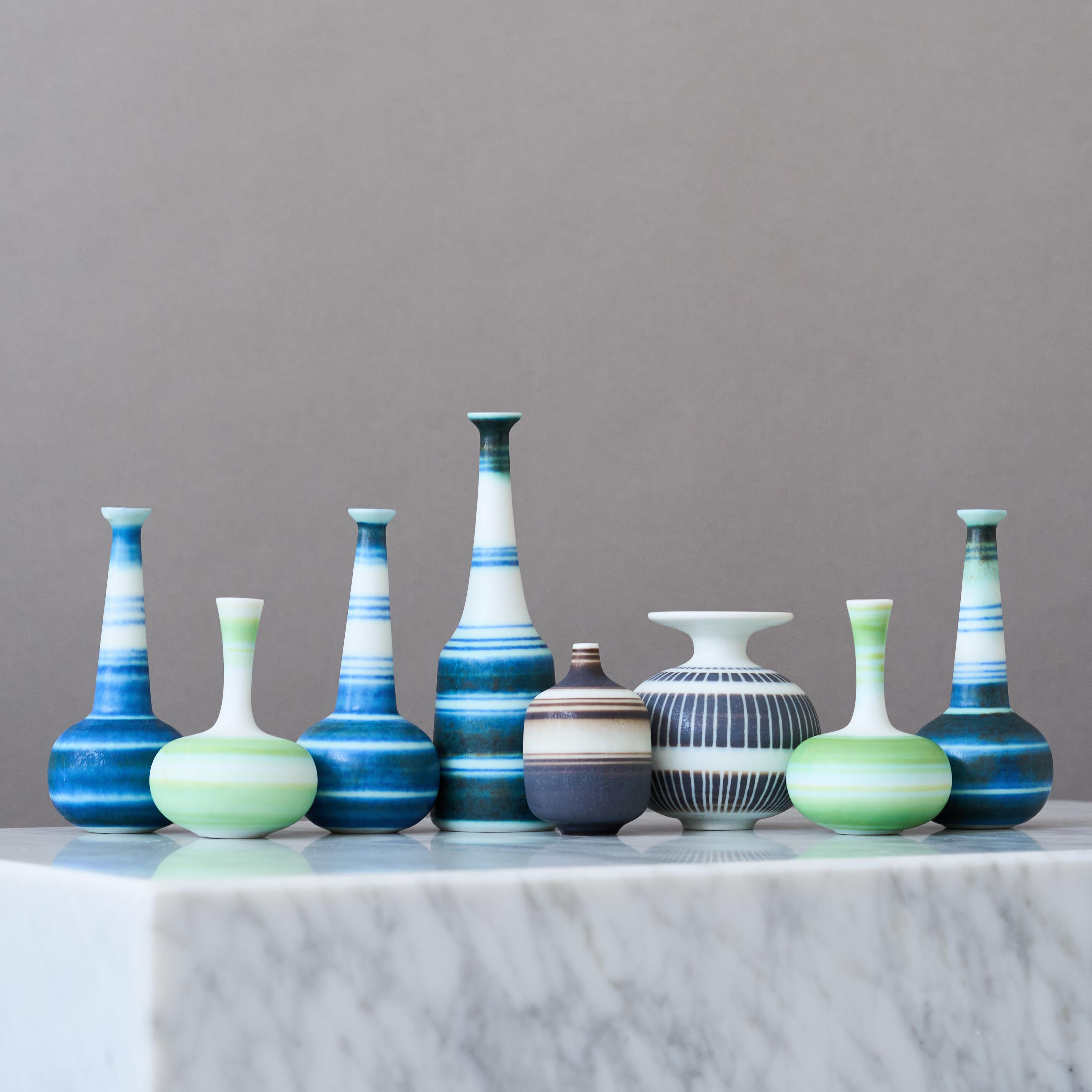 20th Century Set of 8 Miniature Stoneware Vases by Gunnar Nylund. Rörstrand, Sweden, 1950s. For Sale