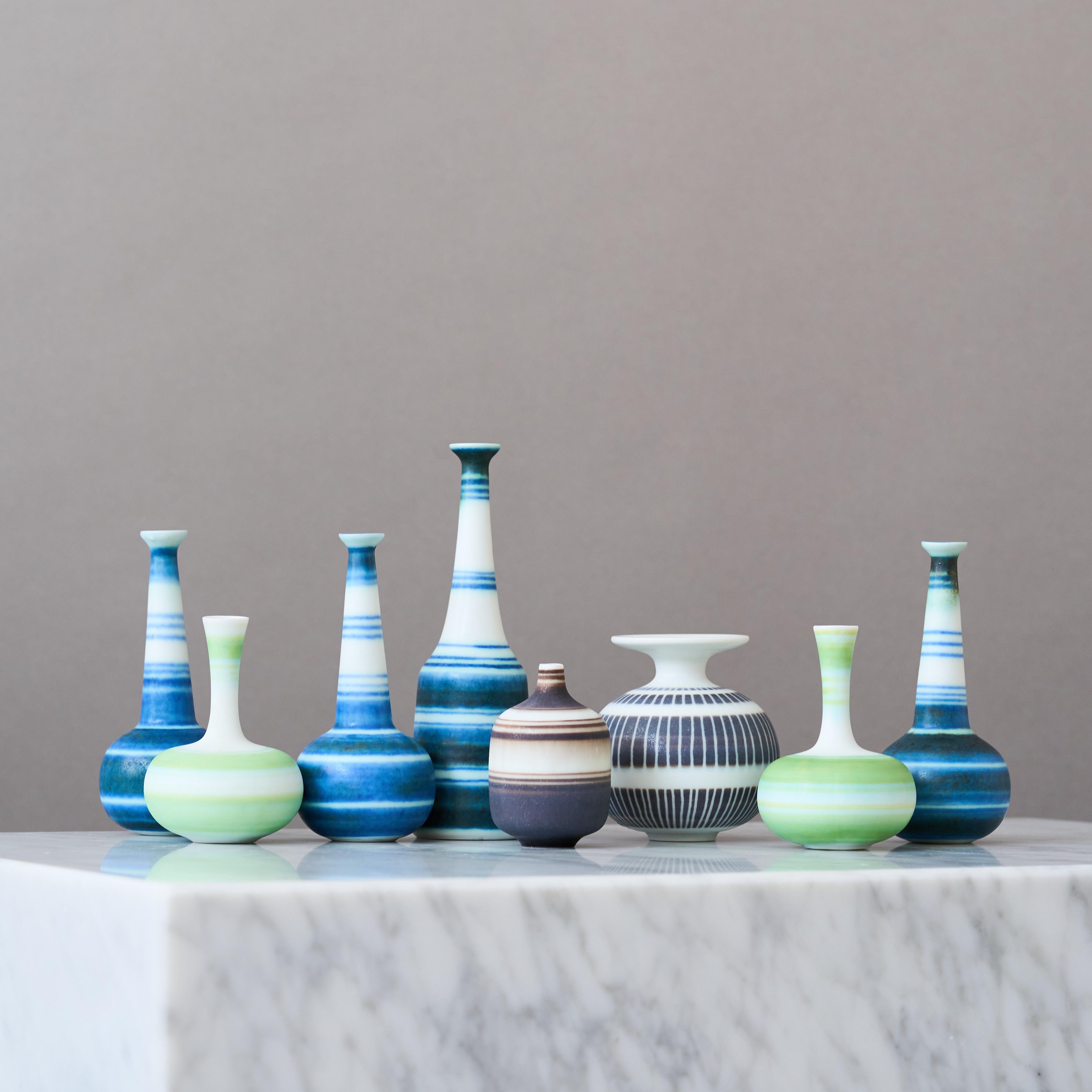 Set of 8 Miniature Stoneware Vases by Gunnar Nylund. Rörstrand, Sweden, 1950s.