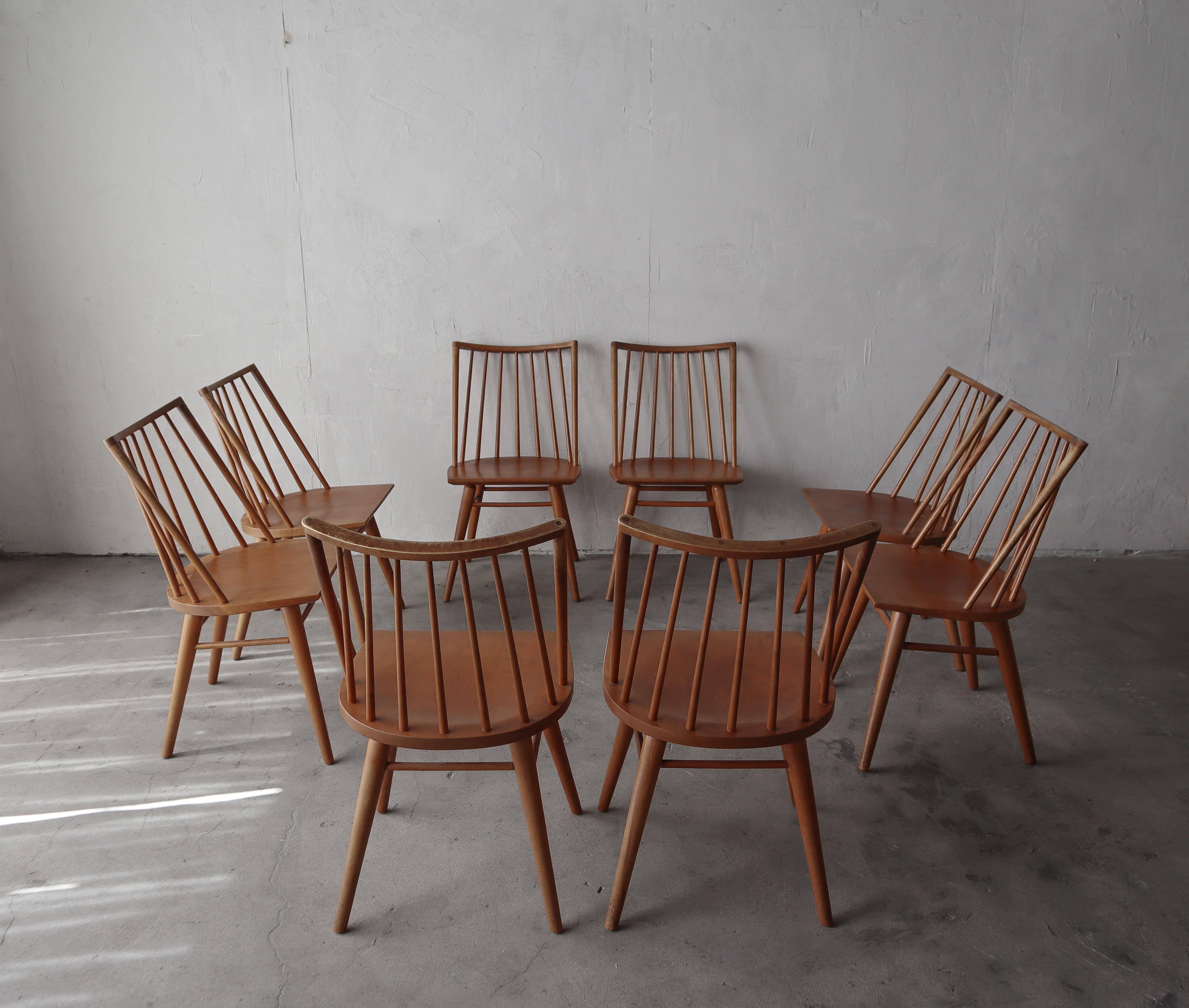 Mid-Century Modern Set of 8 Minimalist Spindle Back Dining Chairs by Conant Ball For Sale