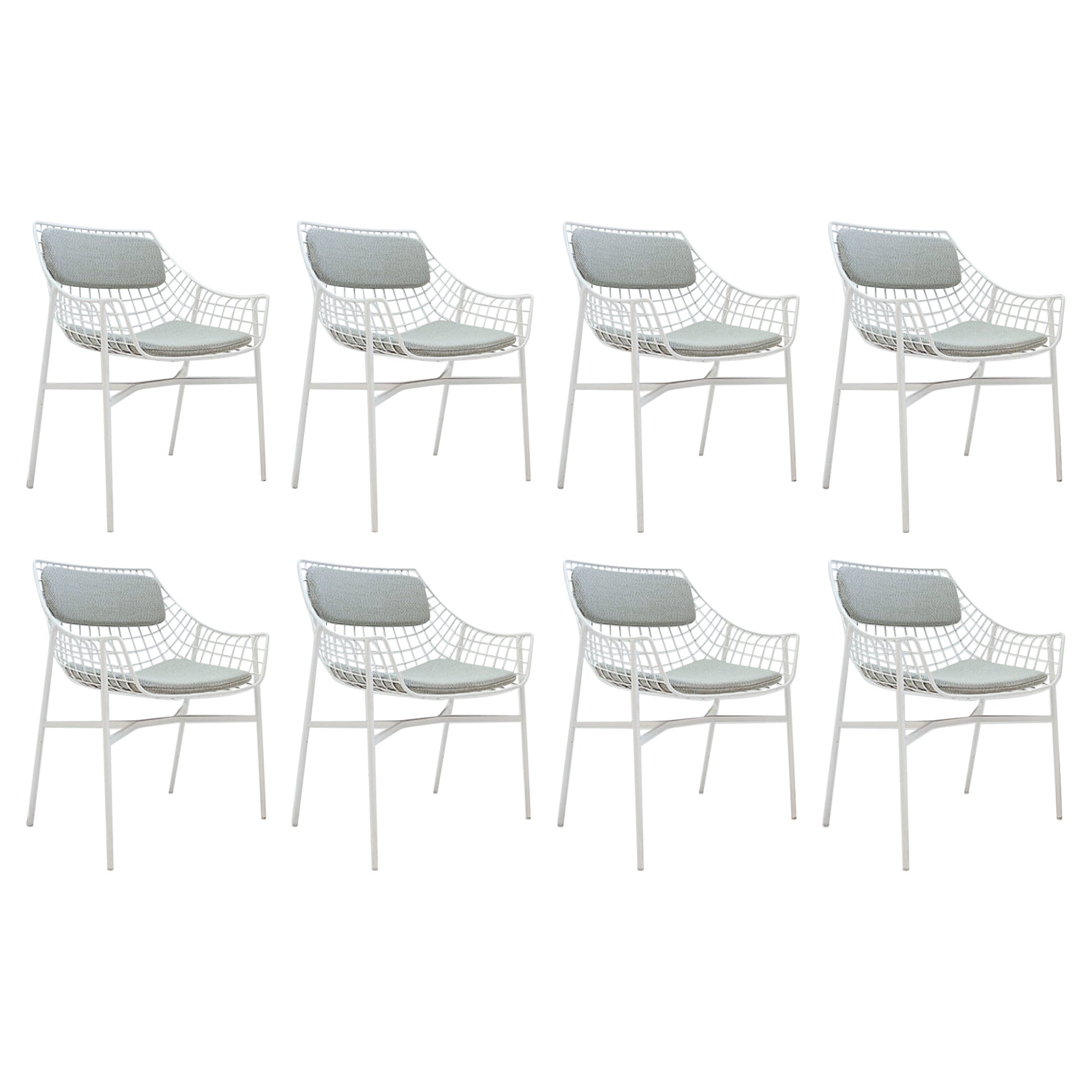 Set of 8 modern armchairs in white lacquered steel