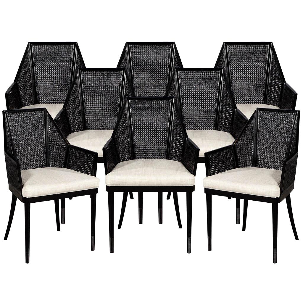 Set of 8 Modern Black Cane Dining Chairs by Baker Kara Man