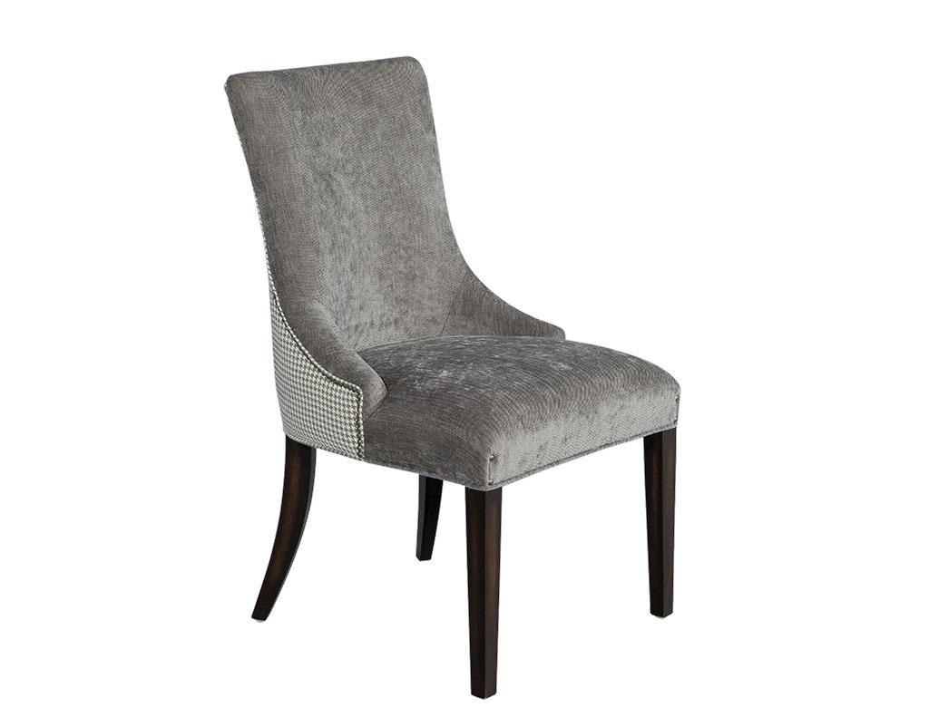 Upholstered in soft grey chenille and hounds-tooth patterned fabric on the outside back, trimmed in aged nickel head to head nails. Each frame is hand crafted solid wood and custom finished in dark espresso walnut. These chairs can be custom ordered