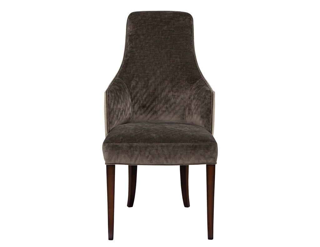 Set of 8 modern sleek upholstered dining chairs. Beautiful textured weave fabric design with rich walnut wood finish.