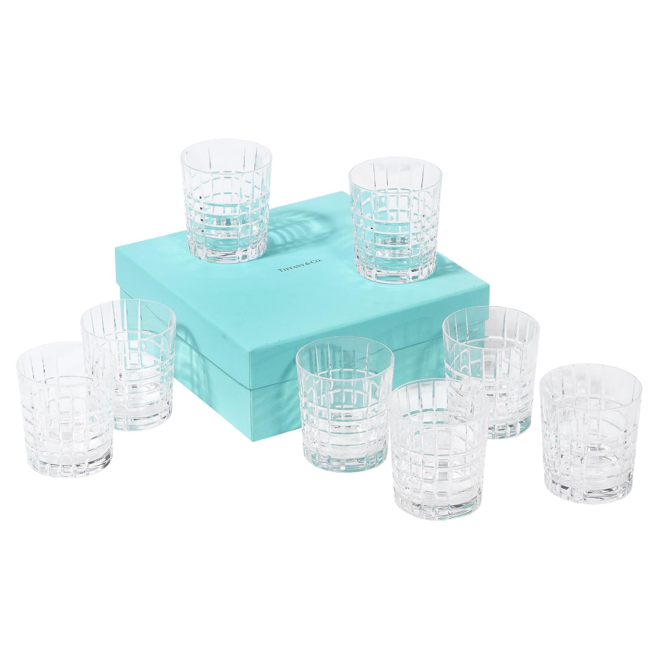 Set of 8 Modernist Square Plaid Crystal Drink Glasses/ Tumblers by Tiffany & Co.
