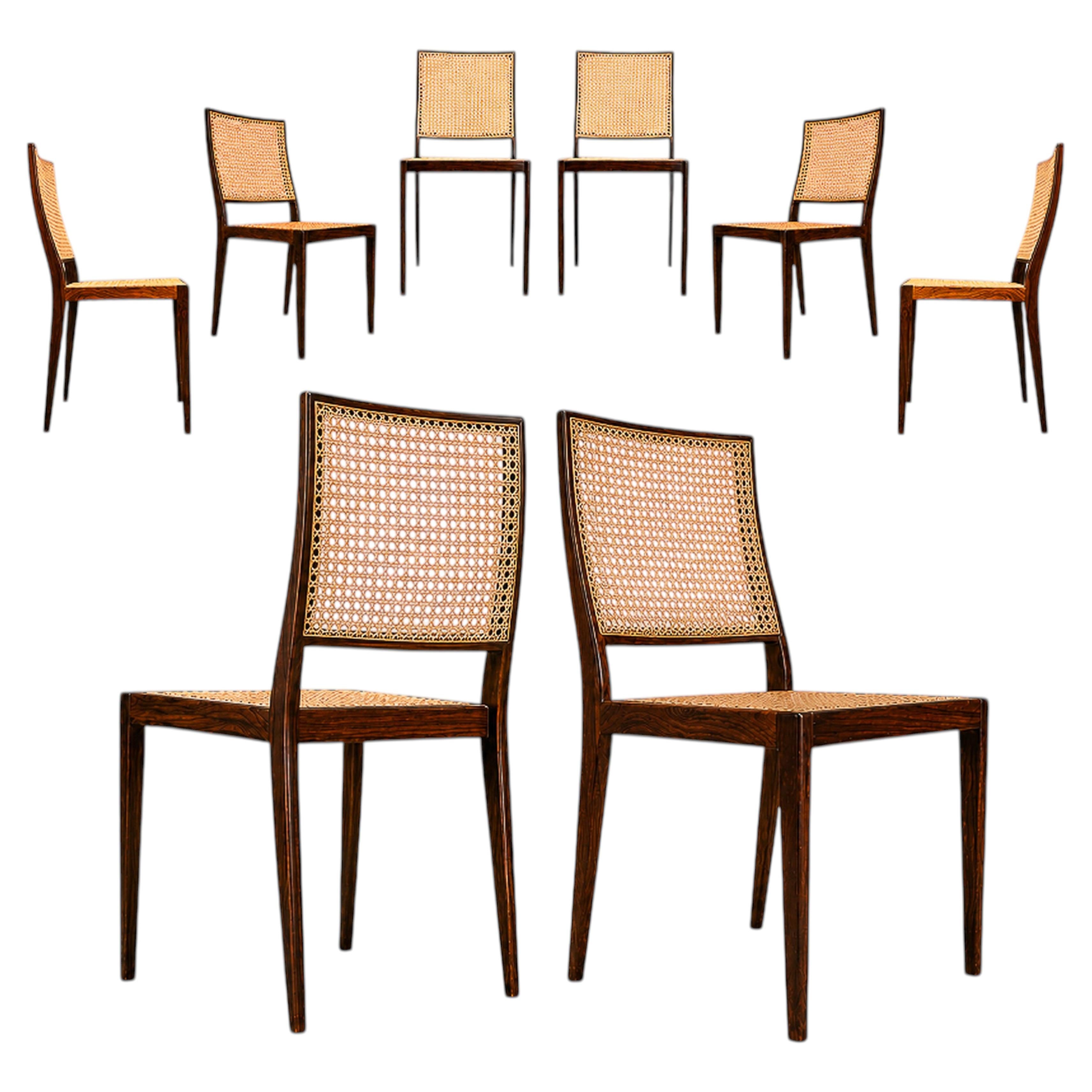 Set of 8 “MT 552” Dining Chairs in Rosewood & Cane, Geraldo de Barros, Brazil