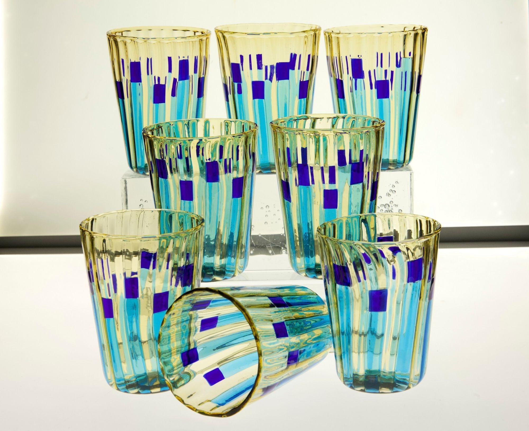 Modern Set of 8 Murano Glass Tumblers, Campo di Gigli Toscani, Signed For Sale