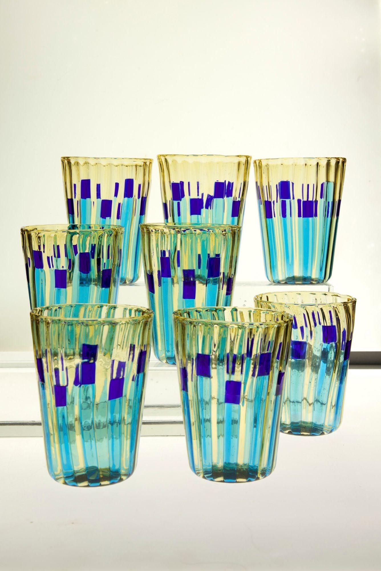 Art Glass Set of 8 Murano Glass Tumblers, Campo di Gigli Toscani, Signed For Sale