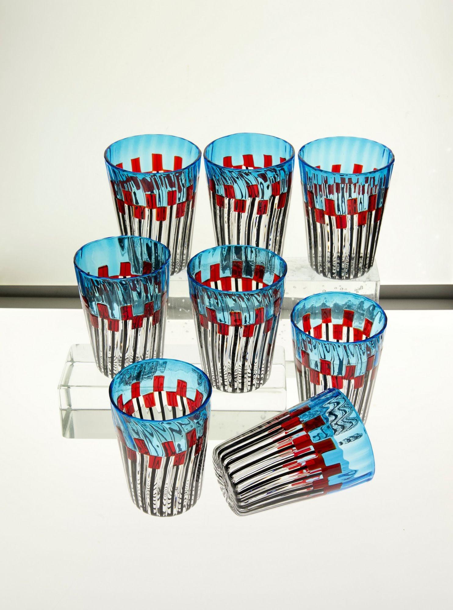 Set of 8 Murano Glass Tumblers, Mille Papaveri Rossi, Signed For Sale 2