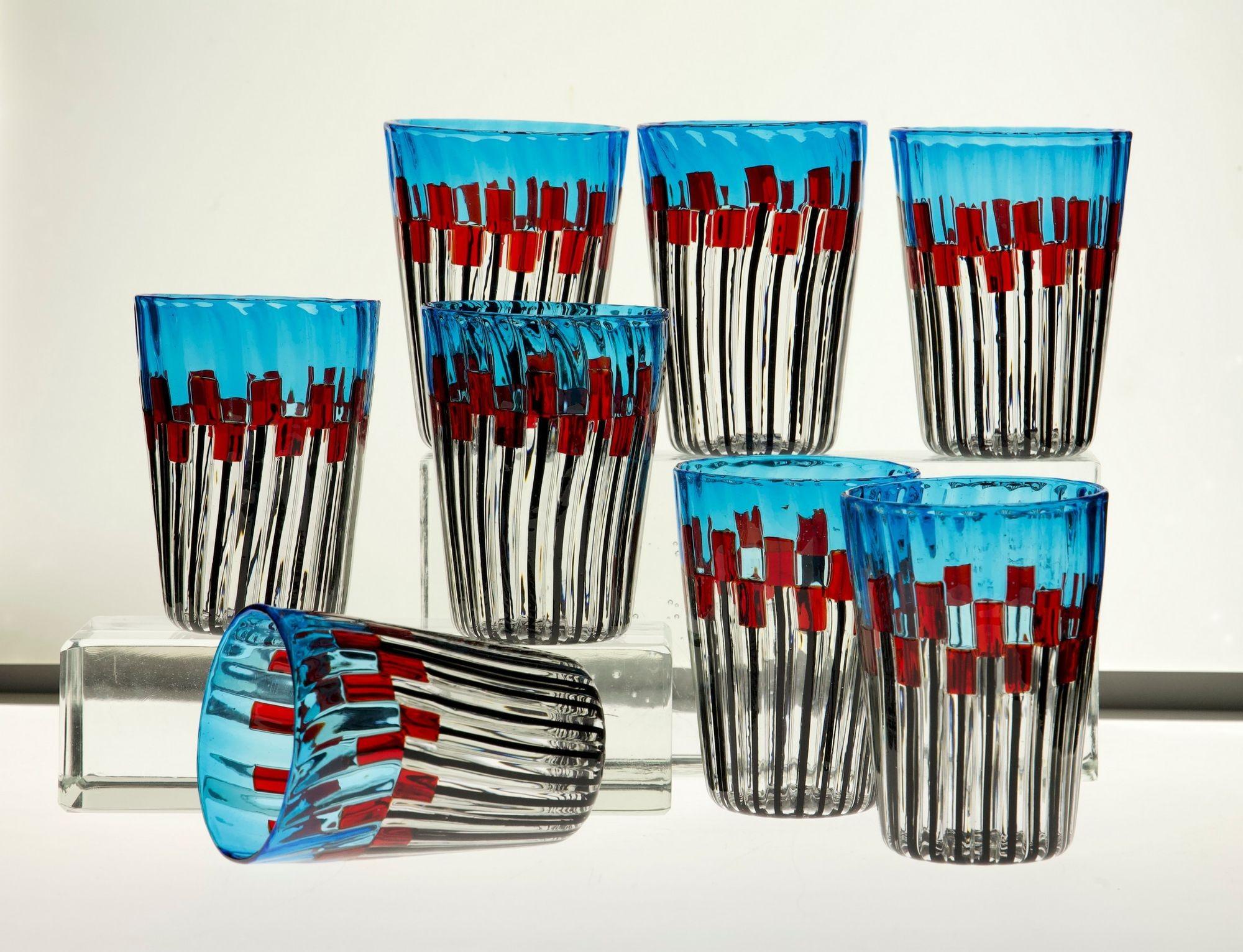 Set of 8 Murano Glass Tumblers, Mille Papaveri Rossi, Signed For Sale 3
