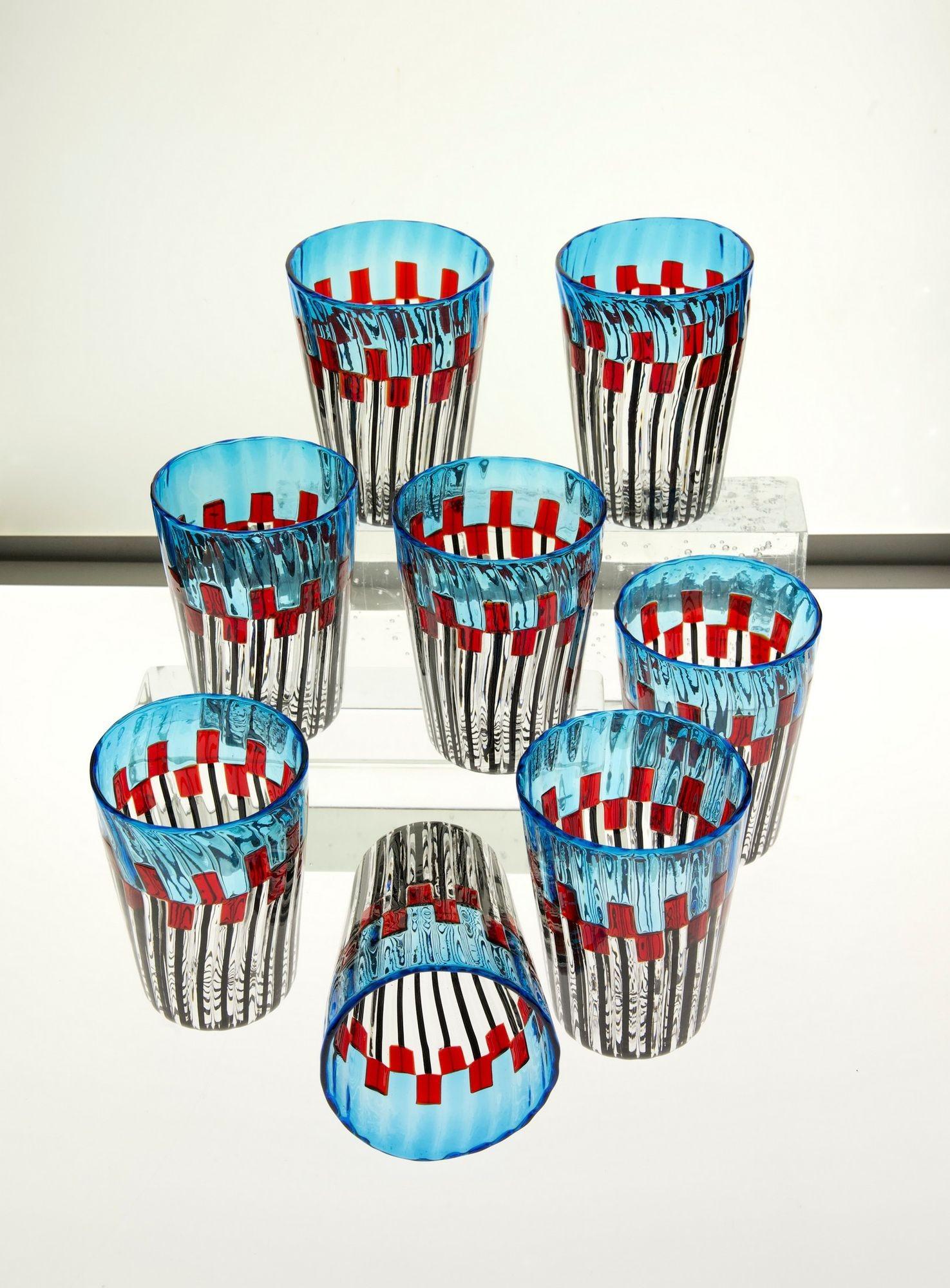 Set of 8 Murano Glass Tumblers, Mille Papaveri Rossi, Signed For Sale 4