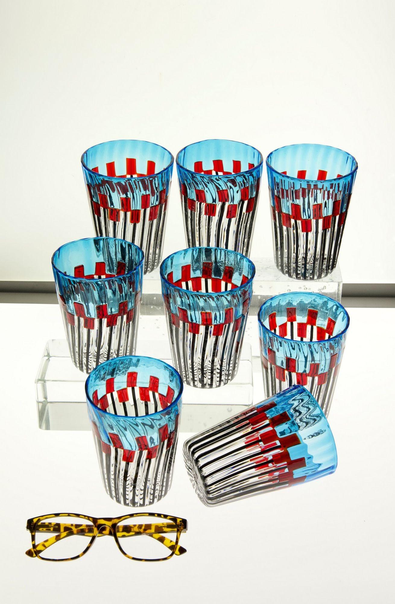 Set of 8 Murano Glass Tumblers, Mille Papaveri Rossi, Signed For Sale 5