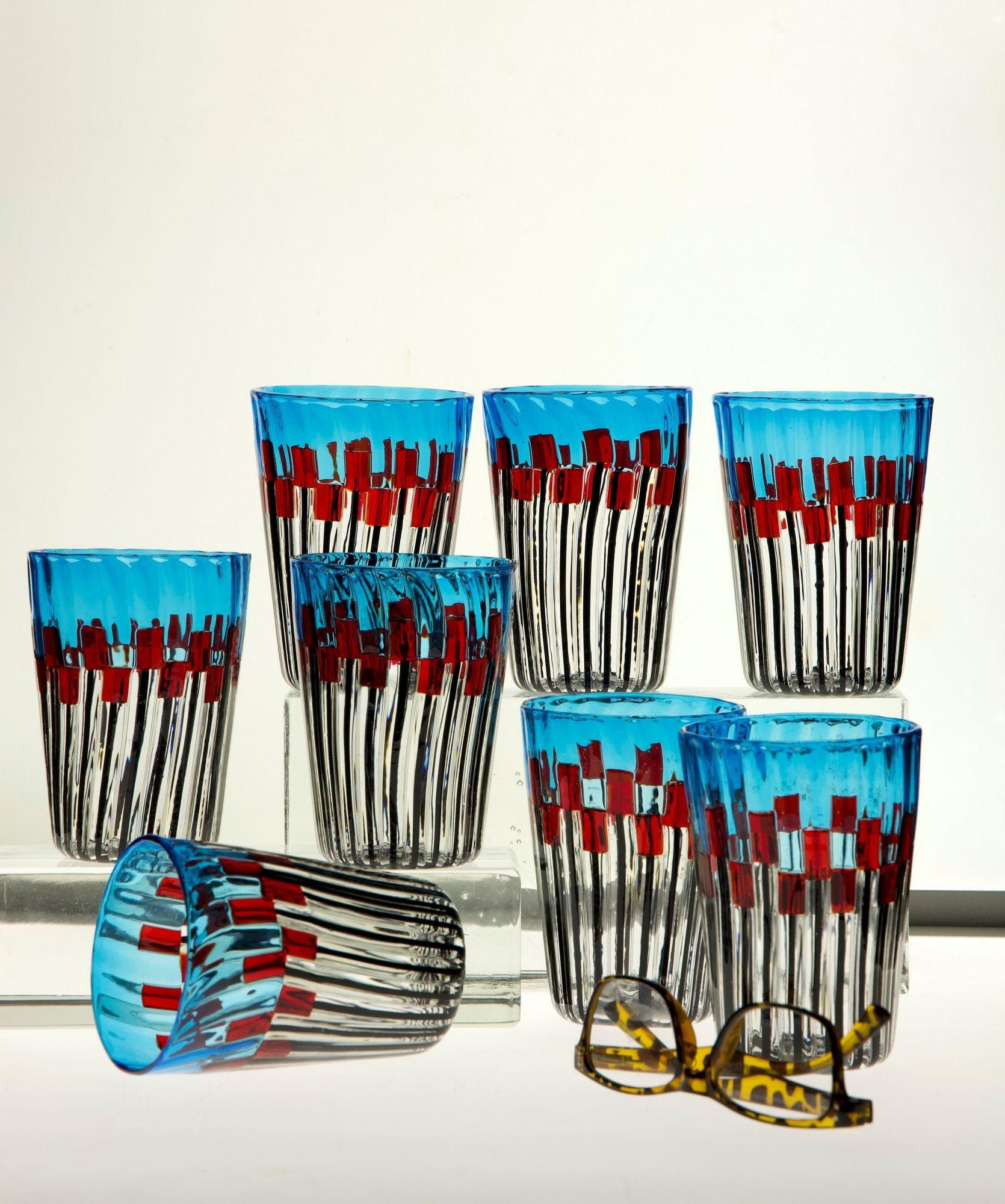 Modern Set of 8 Murano Glass Tumblers, Mille Papaveri Rossi, Signed For Sale