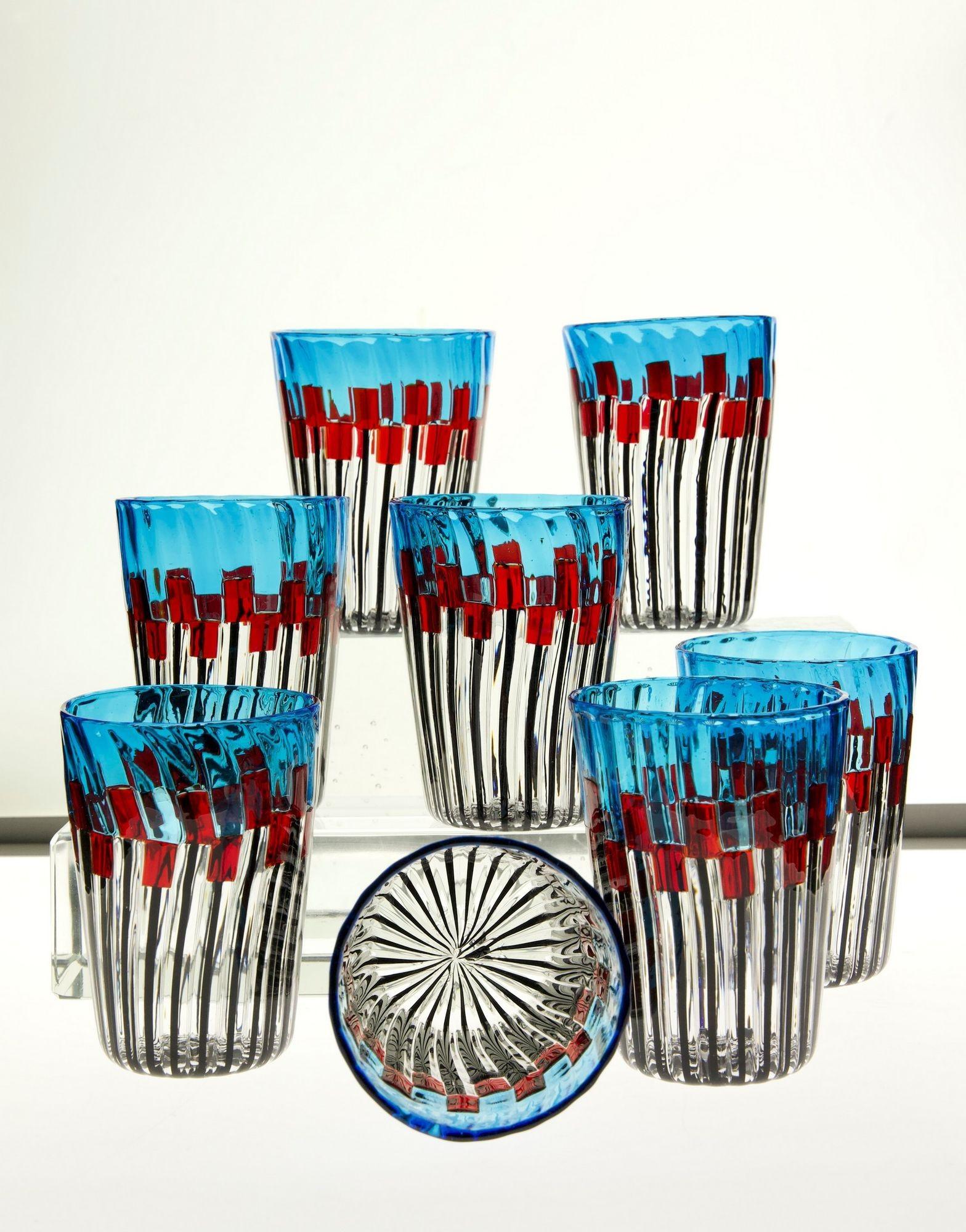Mosaic Set of 8 Murano Glass Tumblers, Mille Papaveri Rossi, Signed For Sale