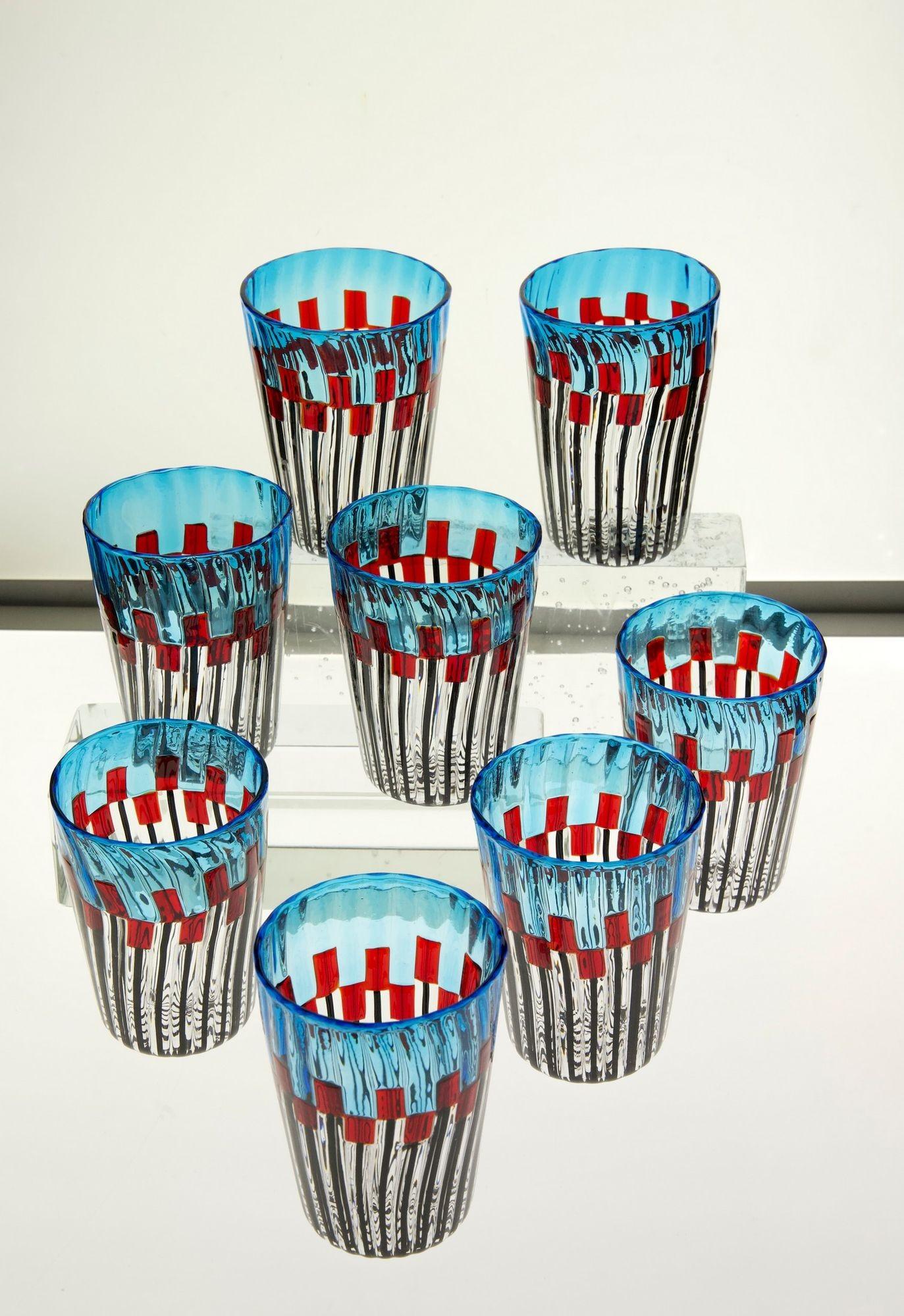 Set of 8 Murano Glass Tumblers, Mille Papaveri Rossi, Signed In Excellent Condition For Sale In Tavarnelle val di Pesa, Florence