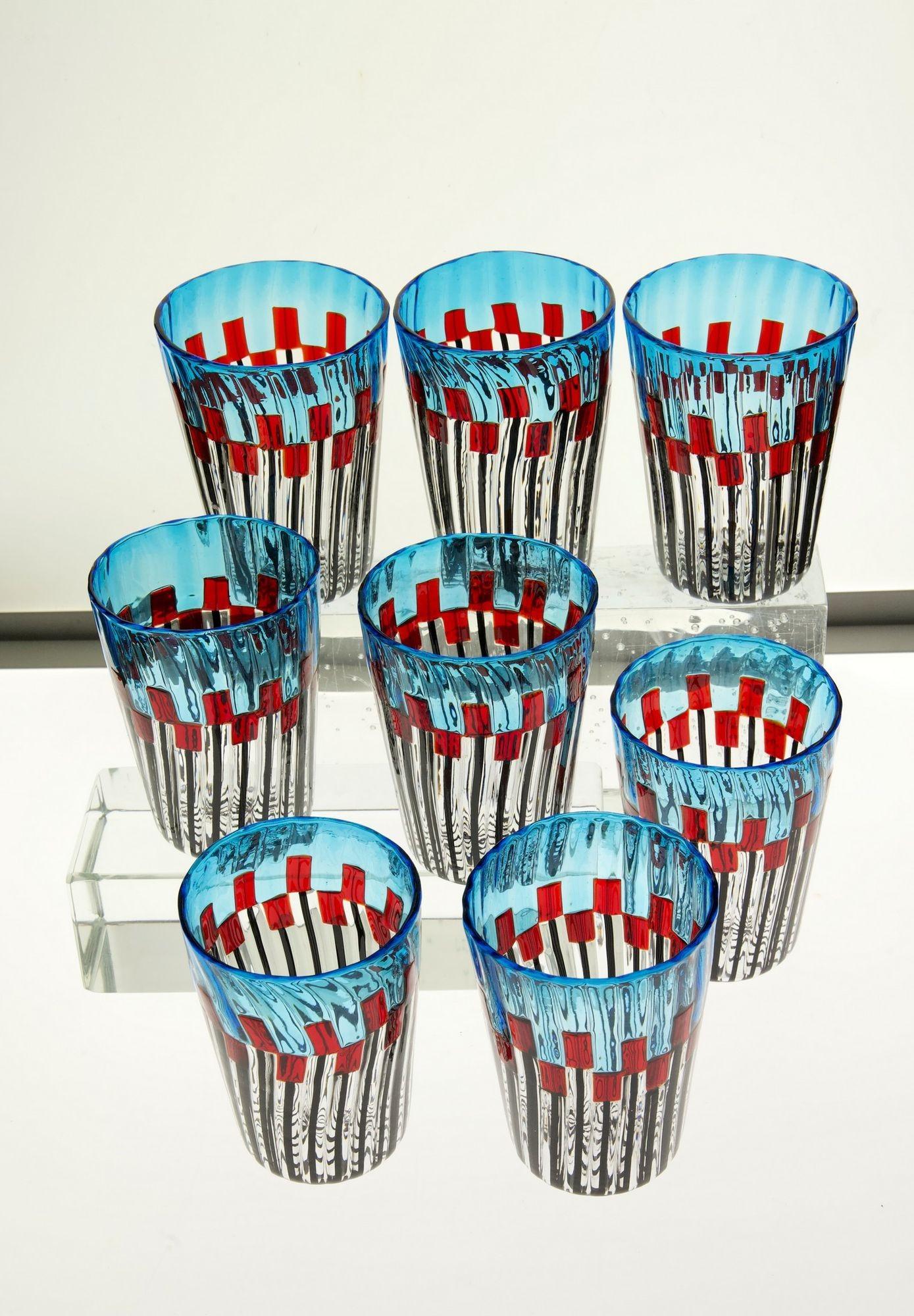 Set of 8 Murano Glass Tumblers, Mille Papaveri Rossi, Signed For Sale 1