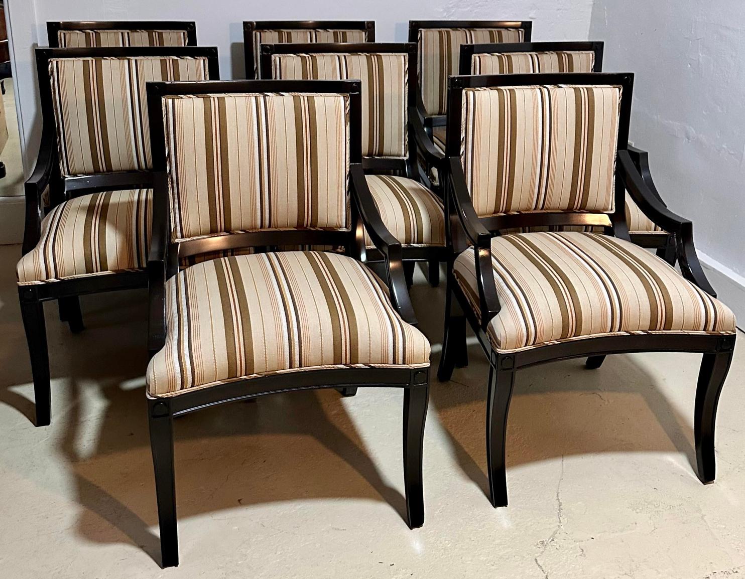 American Set of 8 Nancy Corzine Regency Style Dining Chairs W Scalamandre Stripe For Sale