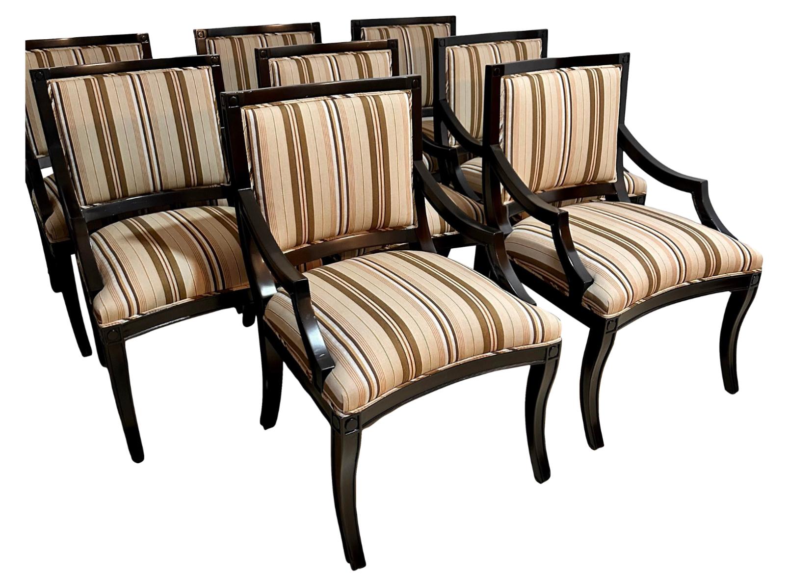 Textile Set of 8 Nancy Corzine Regency Style Dining Chairs W Scalamandre Stripe For Sale