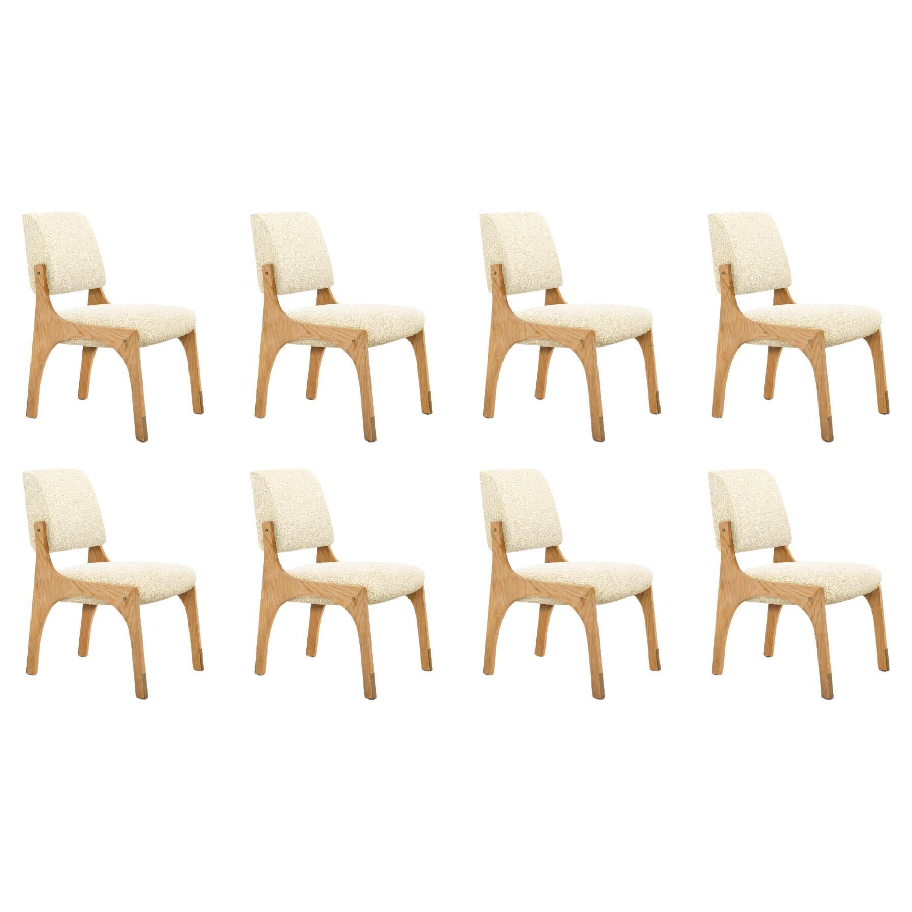 Set of 8 natural oak cream bouclé armless Arches II dining chair by InsidherLand
