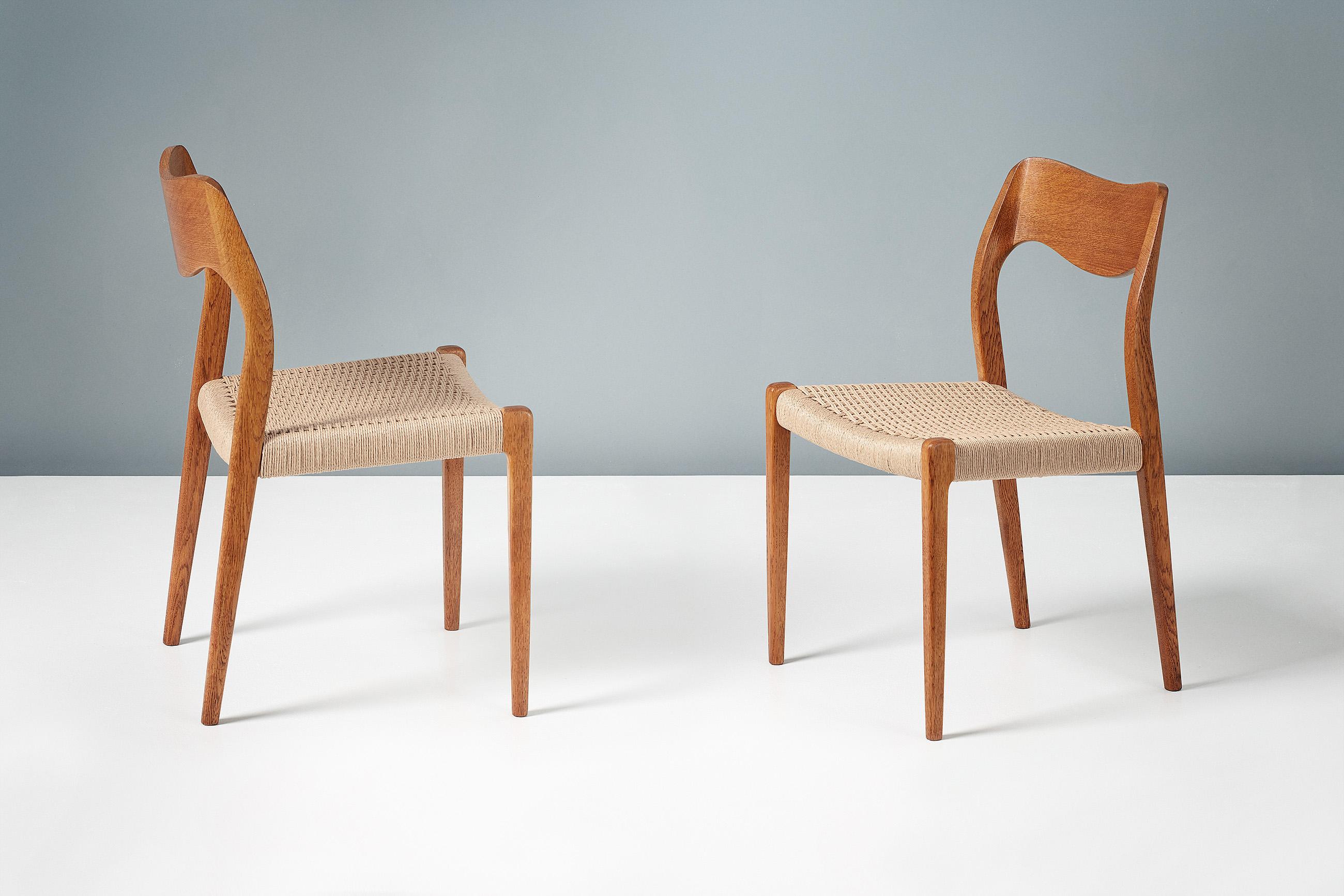 Niels O. Møller

Model 71 dining chairs, oak

Set of 8 oak dining chairs designed by Niels O. Moller for his own company J.L. Moller Mobelfabrik, Denmark. The Model 71 was one of Moller’s first designs and remains an all time Danish classic. The