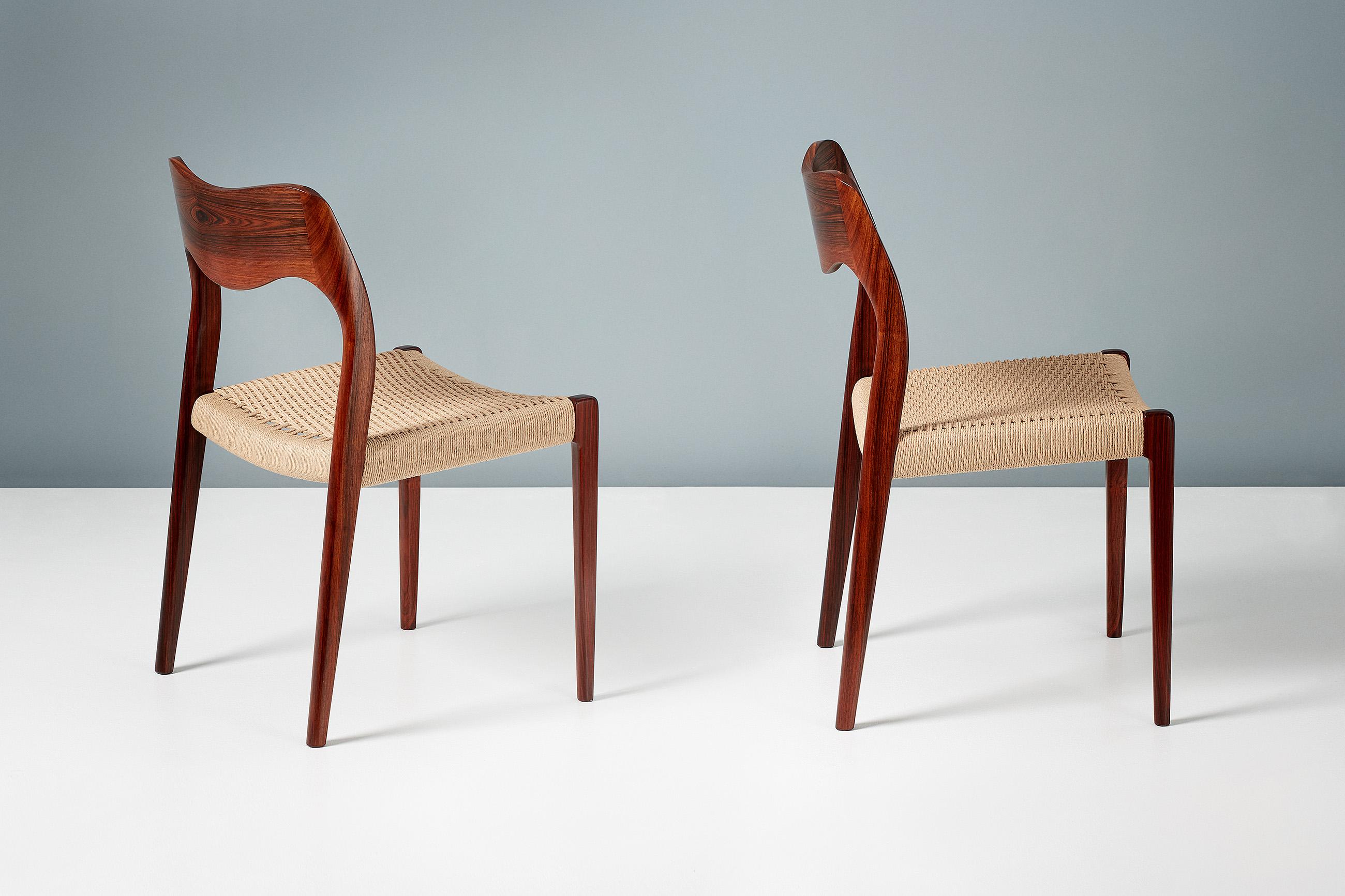 Niels O. Møller

Model 71 dining chairs, 1951

Set of 8 rosewood dining chairs designed by Niels O. Moller for his own company J.L. Moller Mobelfabrik, Denmark. The Model 71 was one of Moller’s first designs and remains an all time Danish