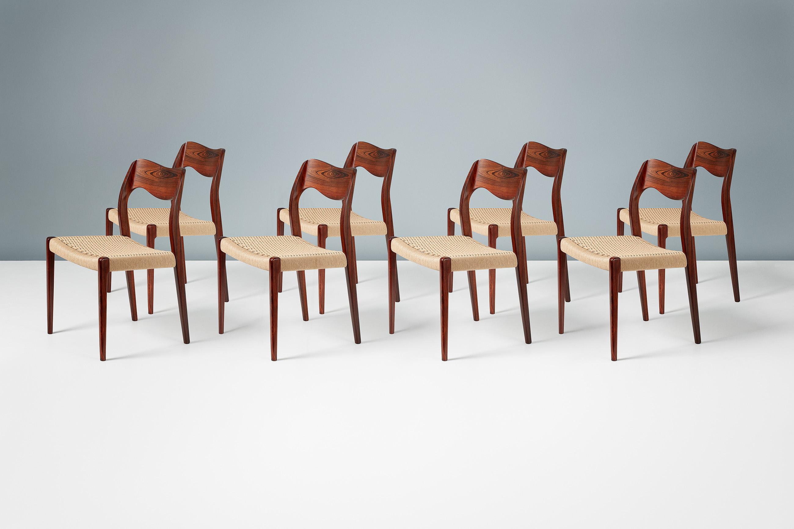 Niels O. Møller

Model 71 dining chairs, 1951

Set of 8 rosewood dining chairs designed by Niels O. Moller for his own company J.L. Moller Mobelfabrik, Denmark. The Model 71 was one of Moller’s first designs and remains an all time Danish