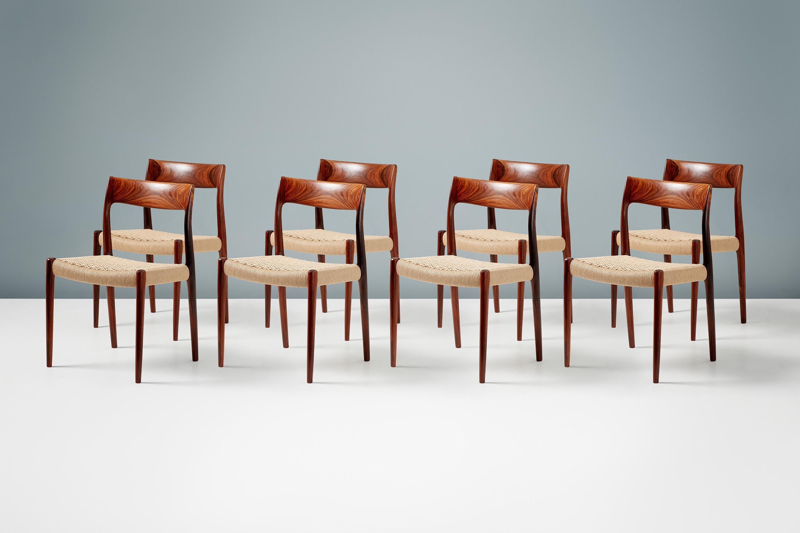 NNiels Moller

Model 77 Dining Chairs, 1959

Set of 8 rosewood dining chairs designed by Niels O. Moller for J.L. Moller Mobelfabrik, Denmark in 1959. Produced c1960s. The seats have newly woven paper cord seats. 

*Larger sets available by