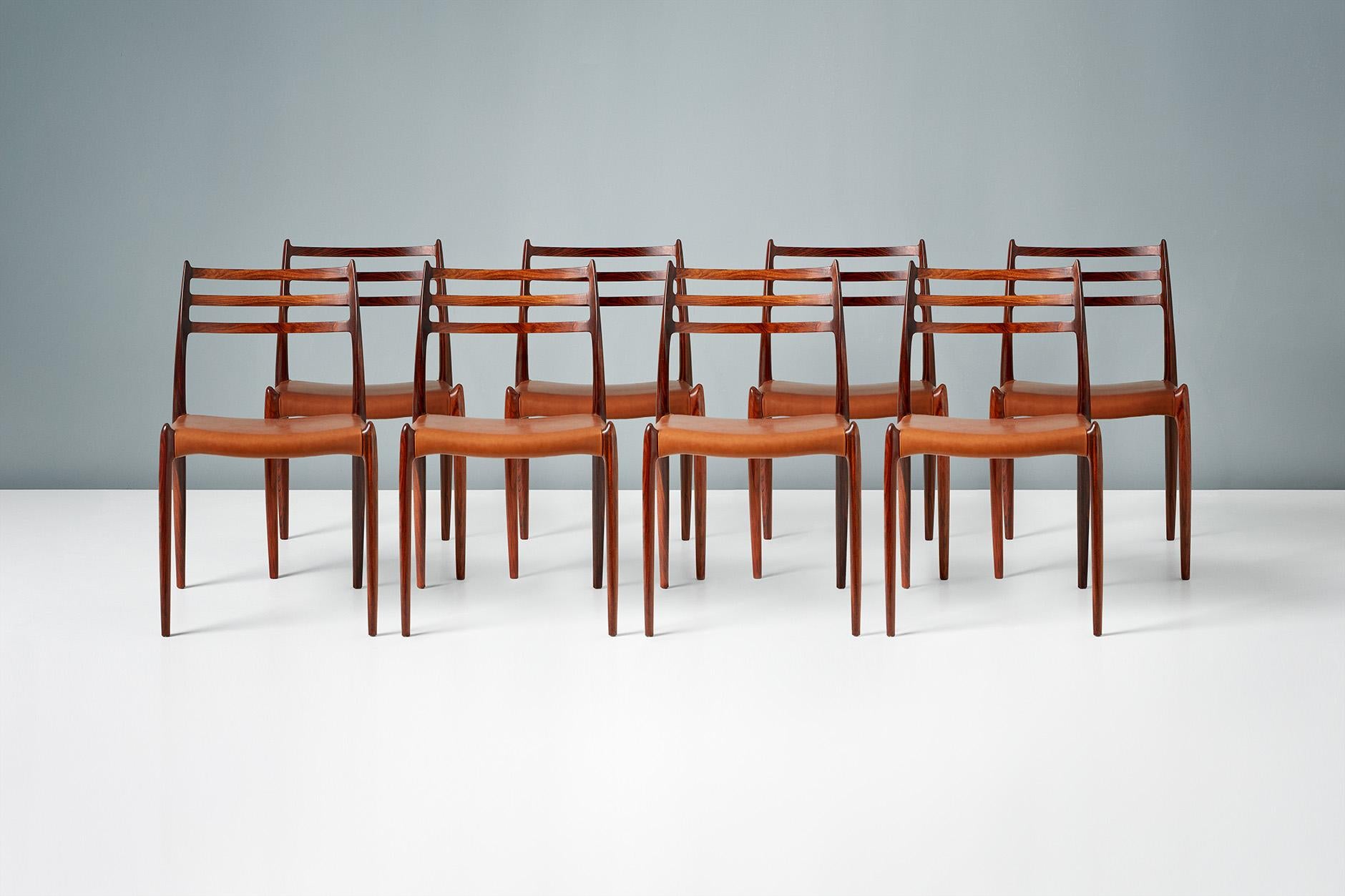 Niels O. Møller

Model 78 dining chairs, 1962

Set of ten rosewood dining chairs designed by Niels O. Møller for J.L. Moller Mobelfabrik, Denmark, 1962. Seats reupholstered with premium aniline cognac brown leather. 

Larger sets and other