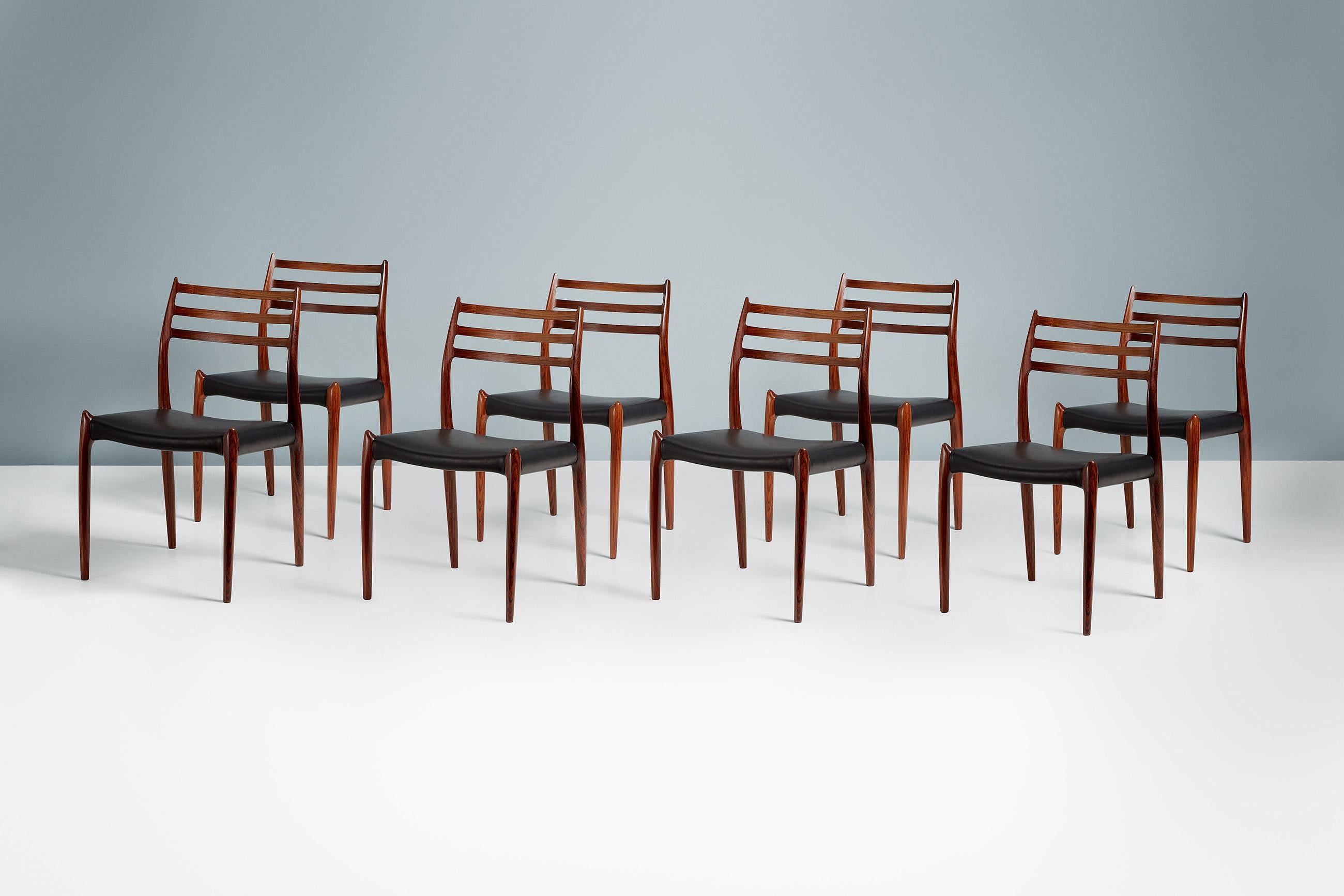 Niels O. Møller - Model 78 Dining Chairs, 1962

Set of 8 iconic model 78 dining chairs designed by Niels O. Møller for J.L. Moller Mobelfabrik, Denmark in 1962. The frames are made from highly figured, exquisite Brazilian rosewood, the finest of