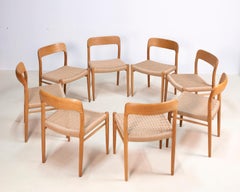 Set of 8 Niels Otto Møller Model 75 in Oak and Papercord, 1960s Denmark