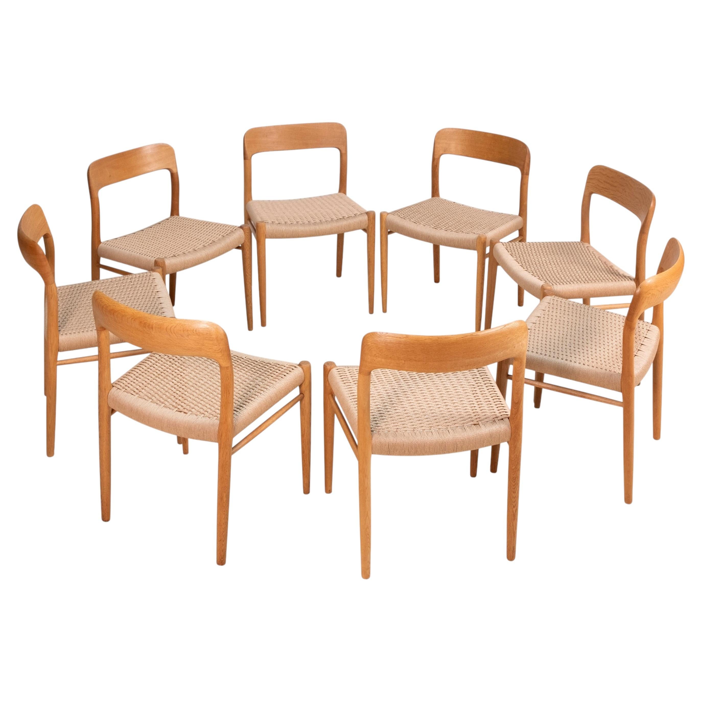 Set of 8 Niels Otto Møller Model 75 in Oak and Papercord, 1960s Denmark