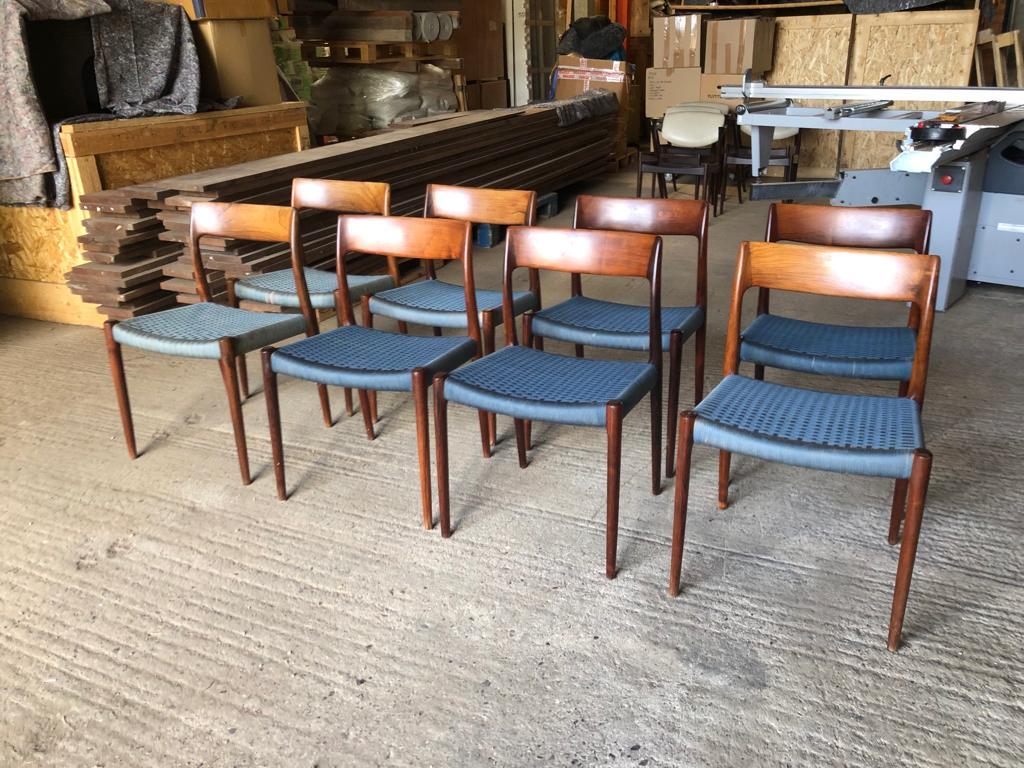 Scandinavian Modern Set of 8 Niels Otto Moller 1958 Dinings Chairs with Original Blue Wool Cord For Sale