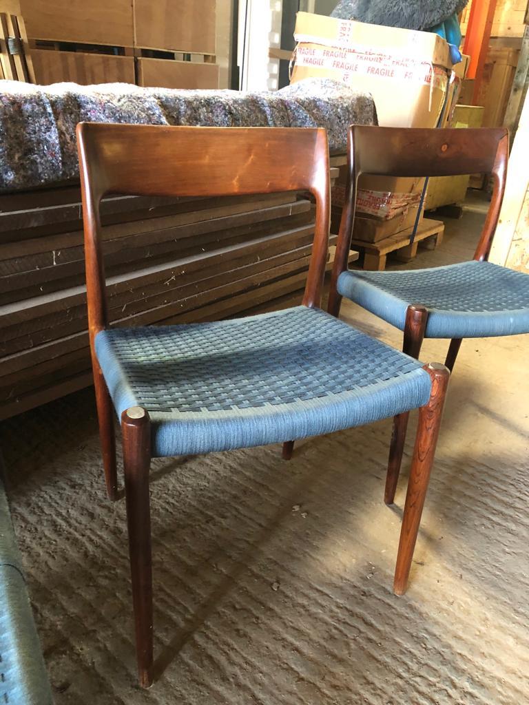 Hardwood Set of 8 Niels Otto Moller 1958 Dinings Chairs with Original Blue Wool Cord For Sale