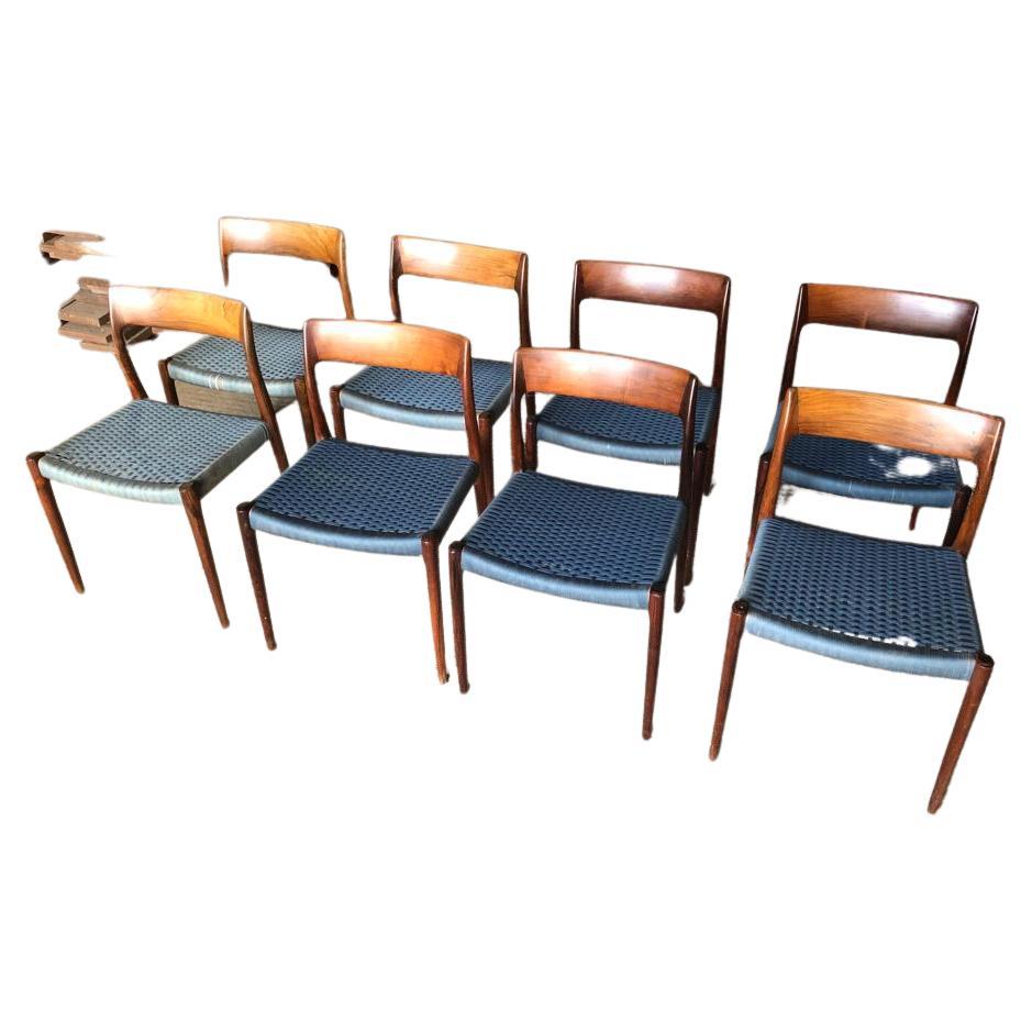 Ensemble de 8 chaises de salle à manger Niels Otto Moller de 1958 avec cordon de laine bleu d'origine