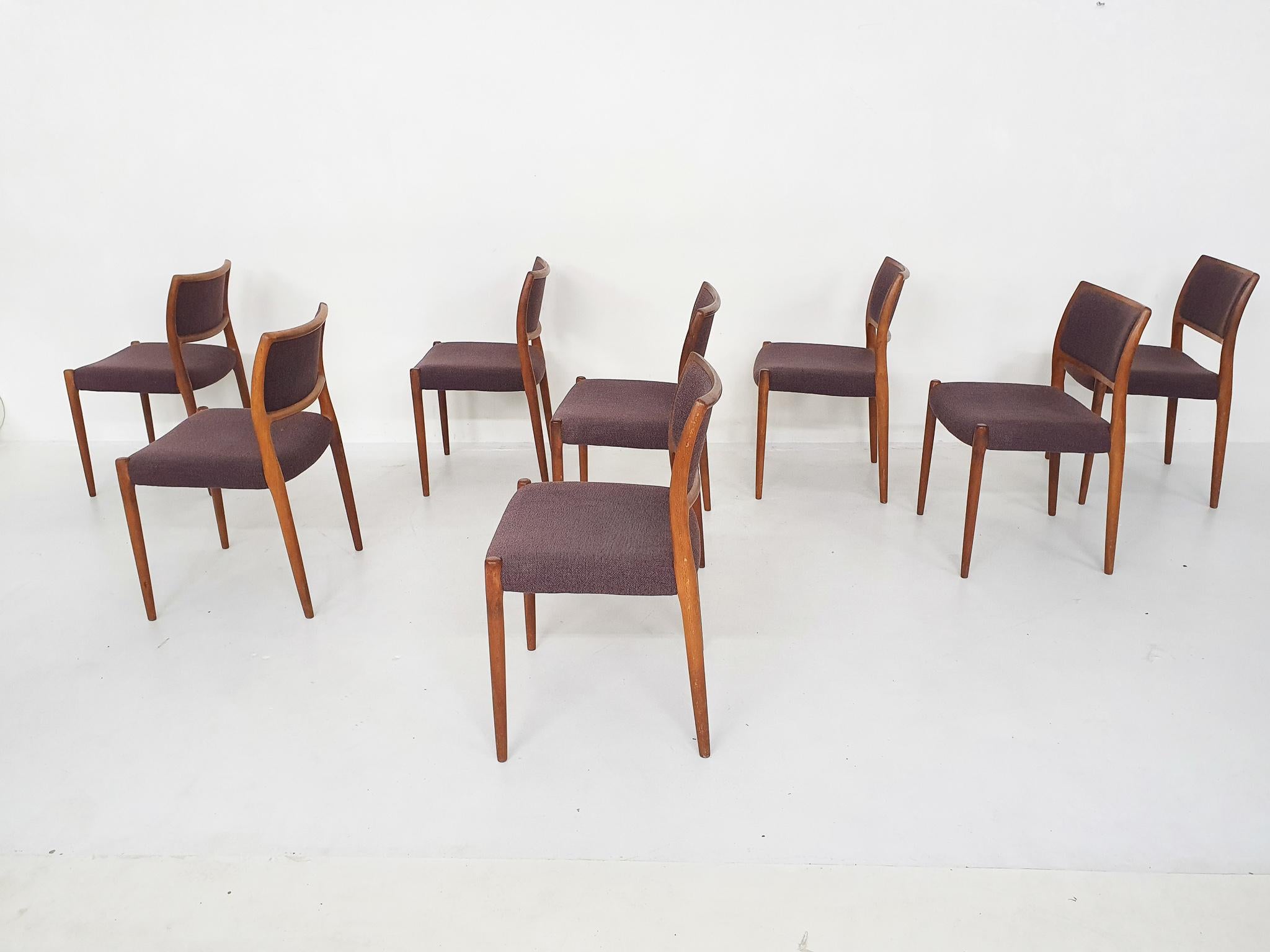 Scandinavian Modern Set of 8 Niels Otto Moller Model 80 Teak Dining Chairs, Denmark 1960's