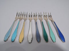Set of 8 Norwegian Modern Sterling Silver & Enamel Appetizer Forks