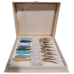 Set of 8 Norwegian Modern Sterling Silver & Enamel Appetizer Forks