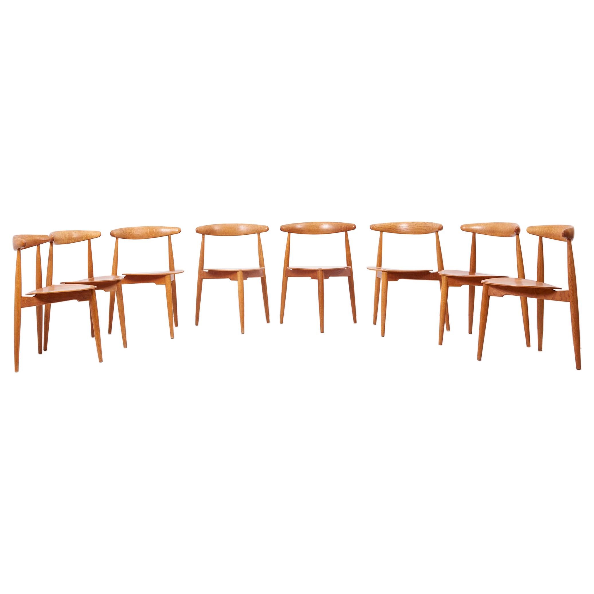 Set of 8 Oak and Teak Heart Chairs by Hans Wegner for Fritz Hansen